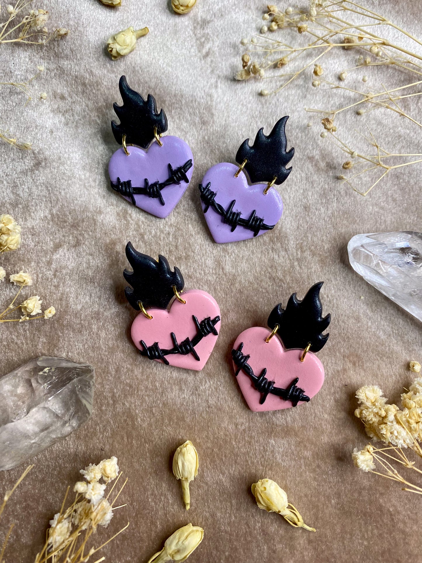 polymer clay pastel barb wire heart stud earrings