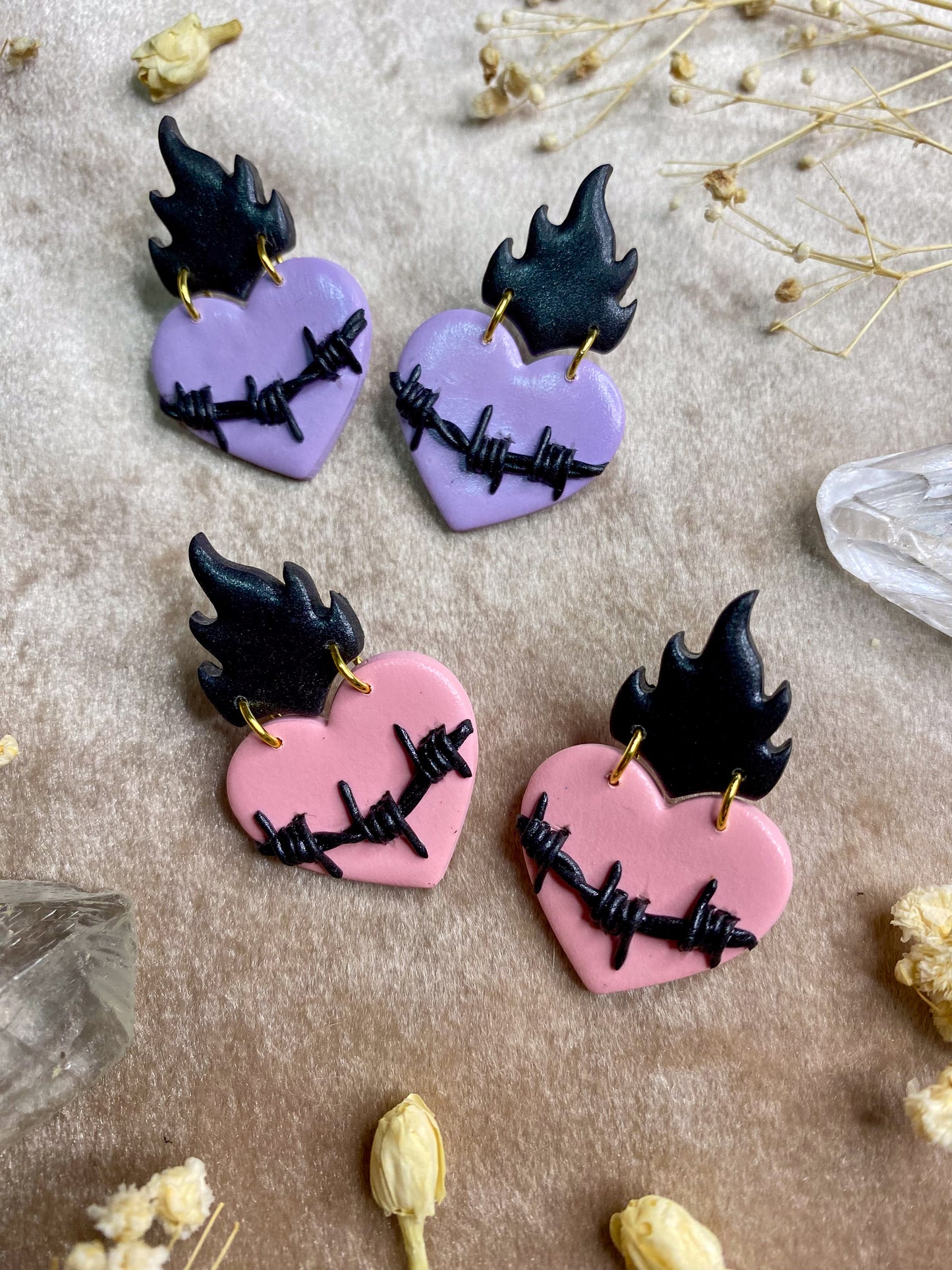 Pastel Barb Wire Flaming Heart Stud Earrings