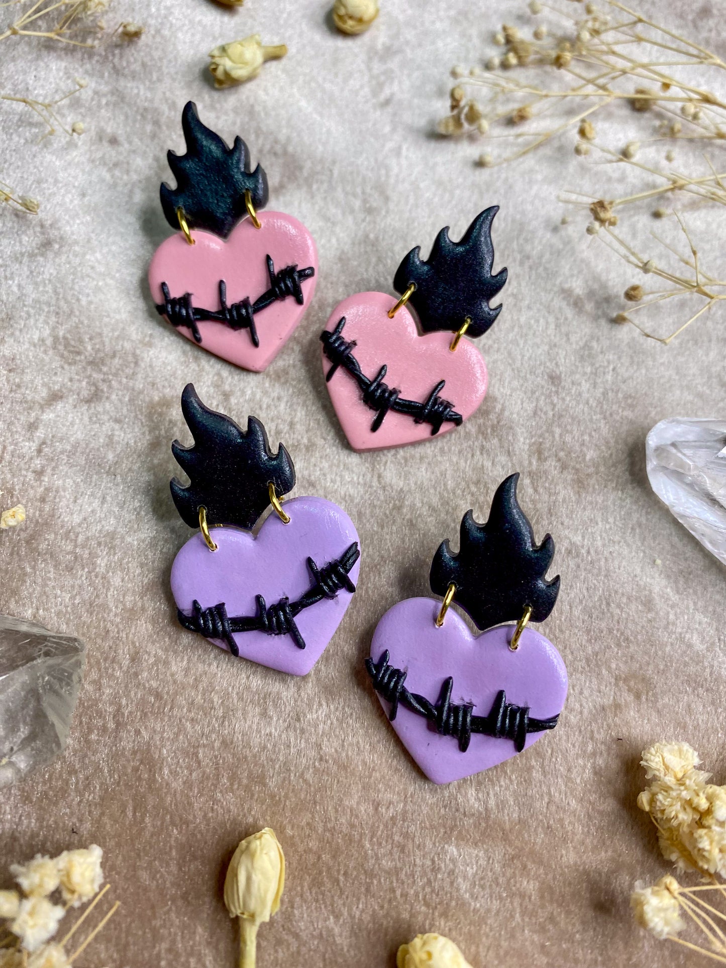 Pastel Barb Wire Flaming Heart Stud Earrings