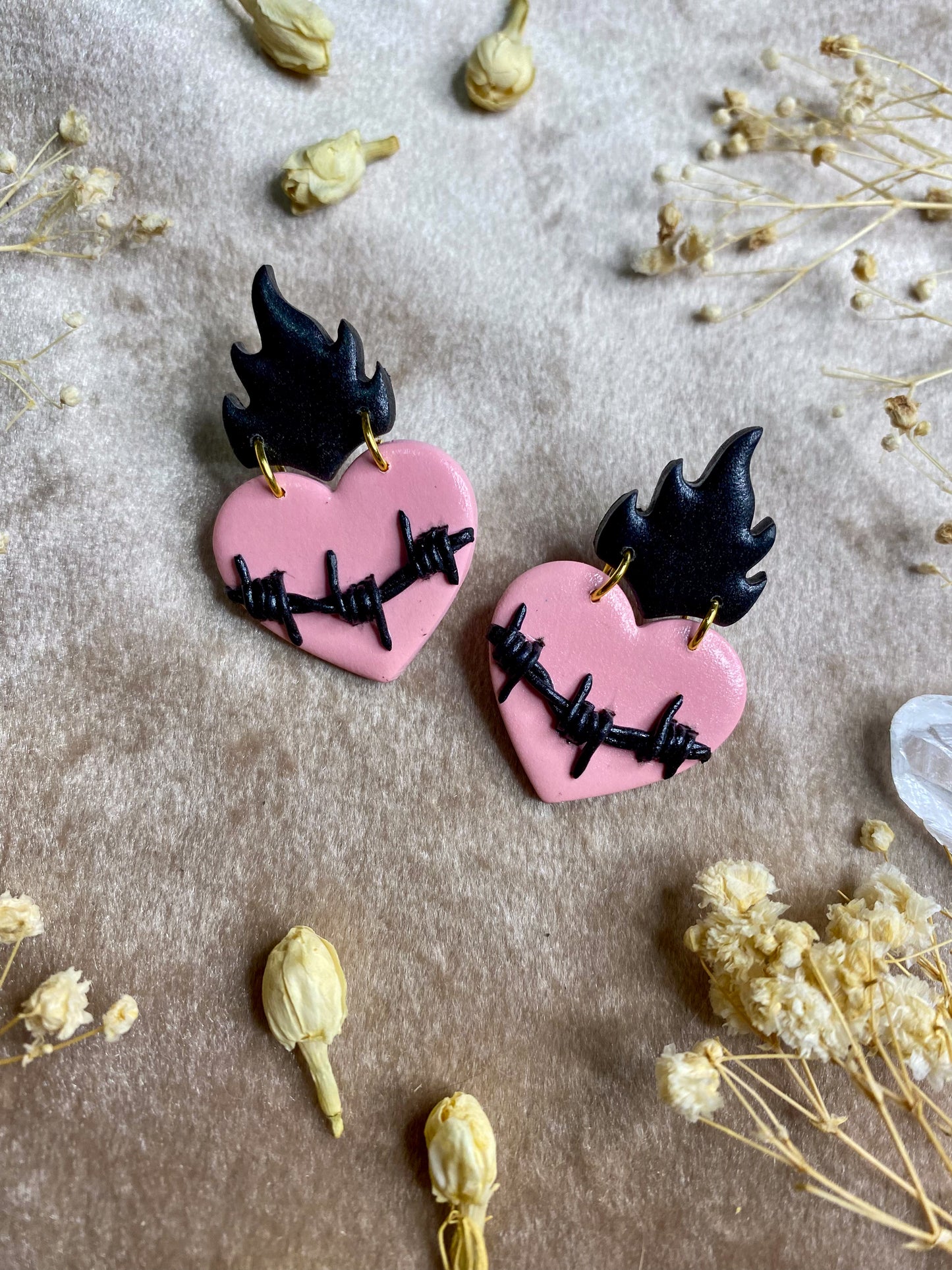 Pastel Barb Wire Flaming Heart Stud Earrings