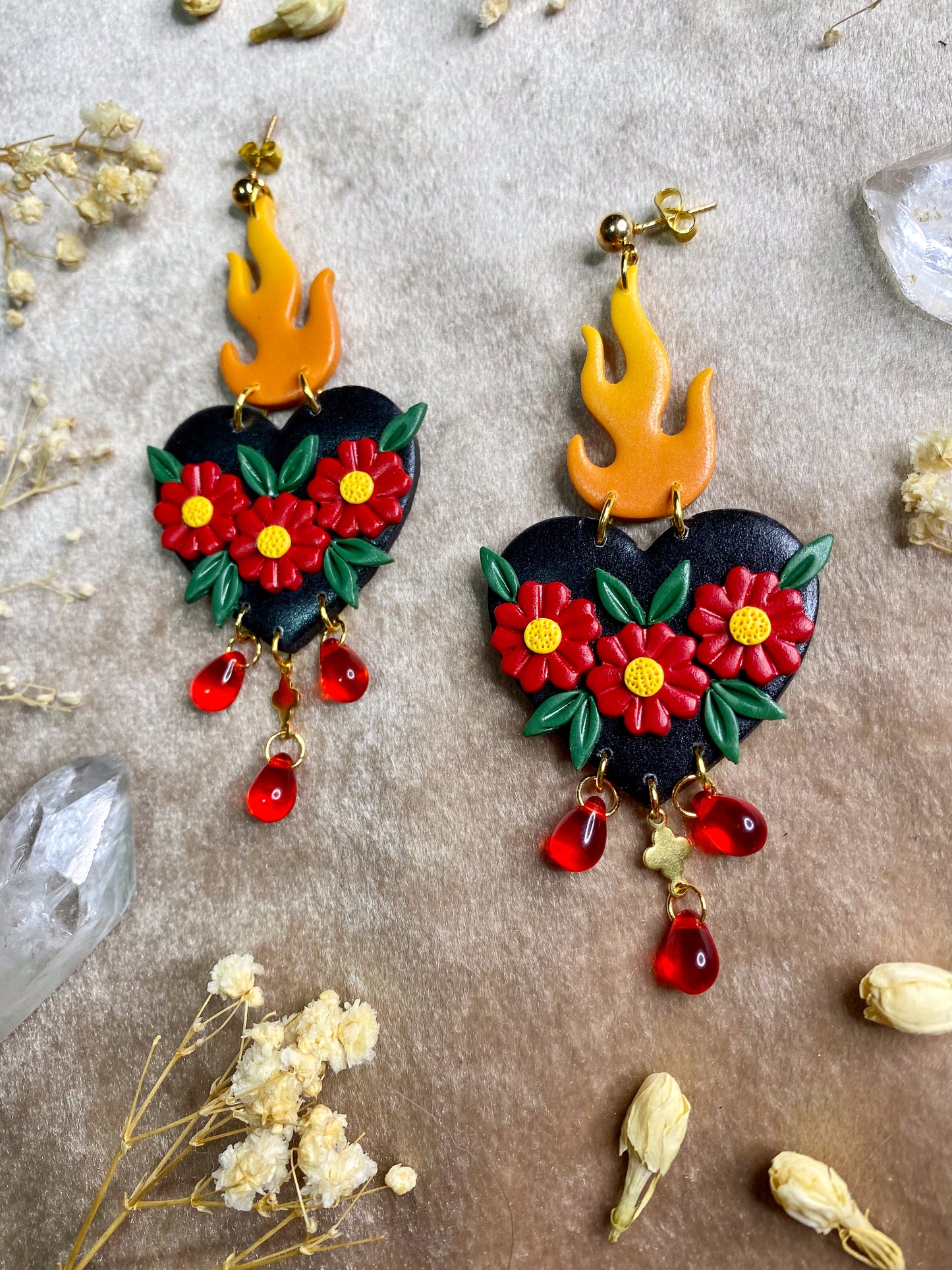 Flaming Red Floral Heart Dangle Earrings