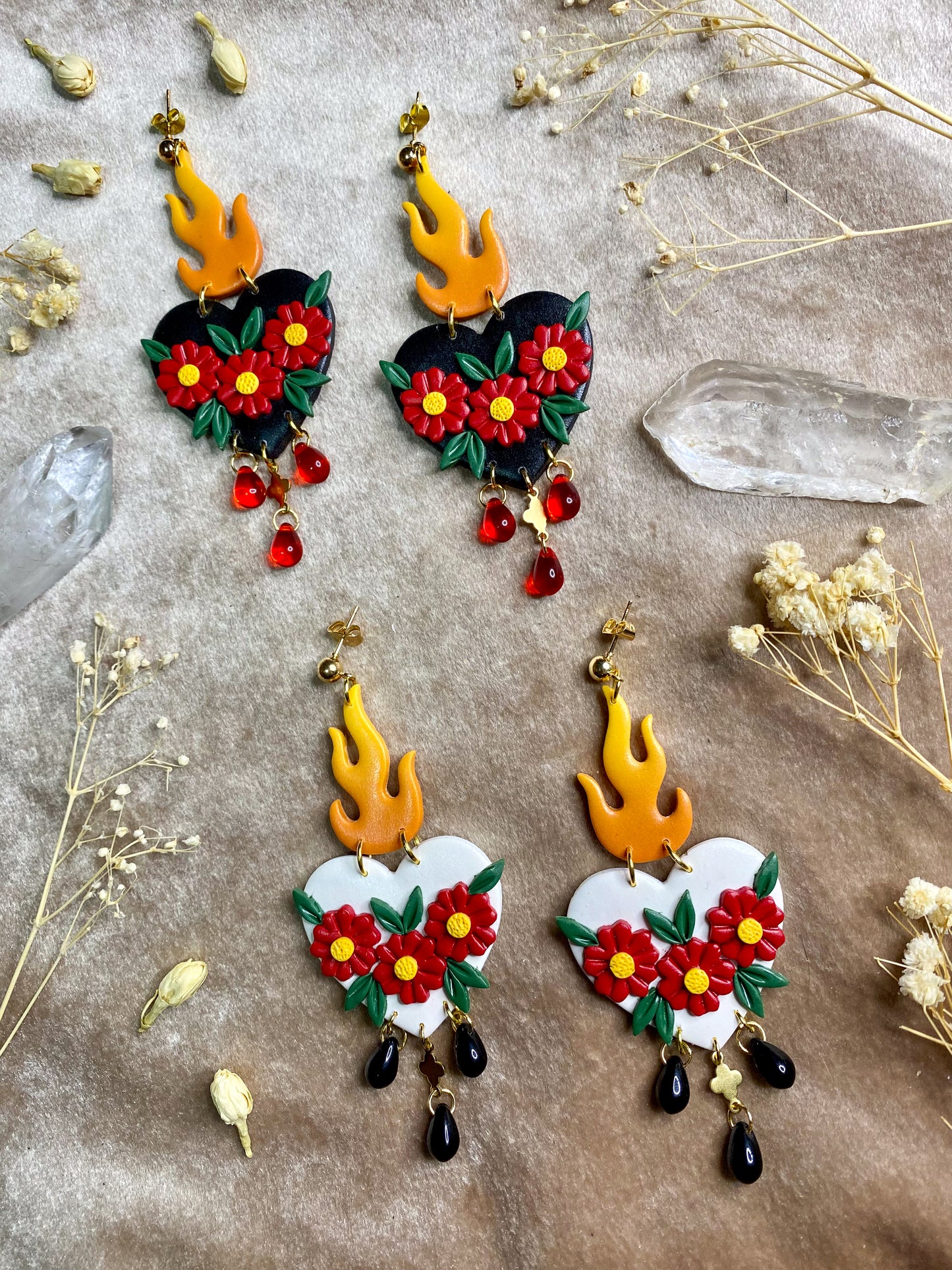 polymer clay sacred heart tattoo dangle earrings