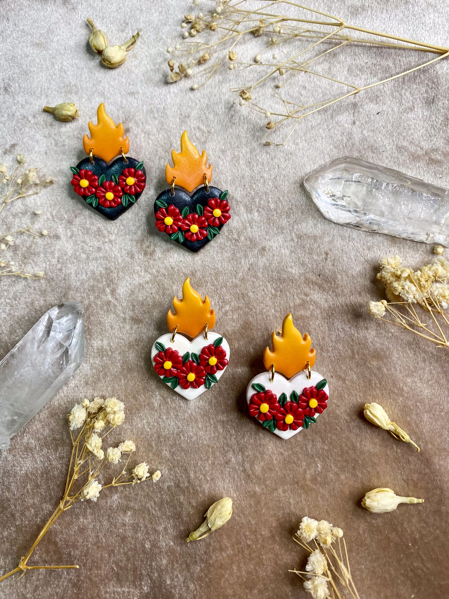 polymer clay sacred heart stud earrings