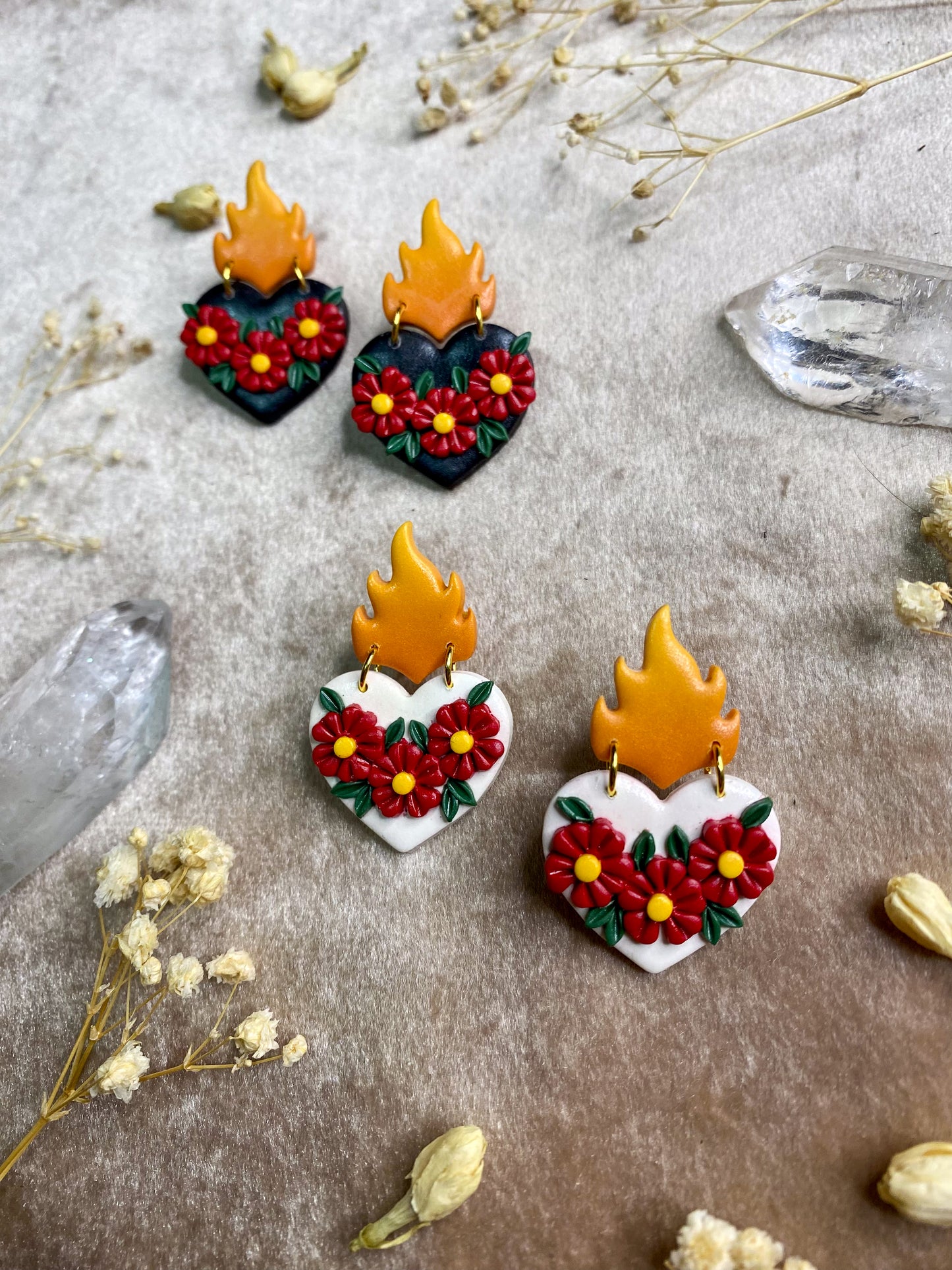 Flaming Red Floral Heart Stud Earrings