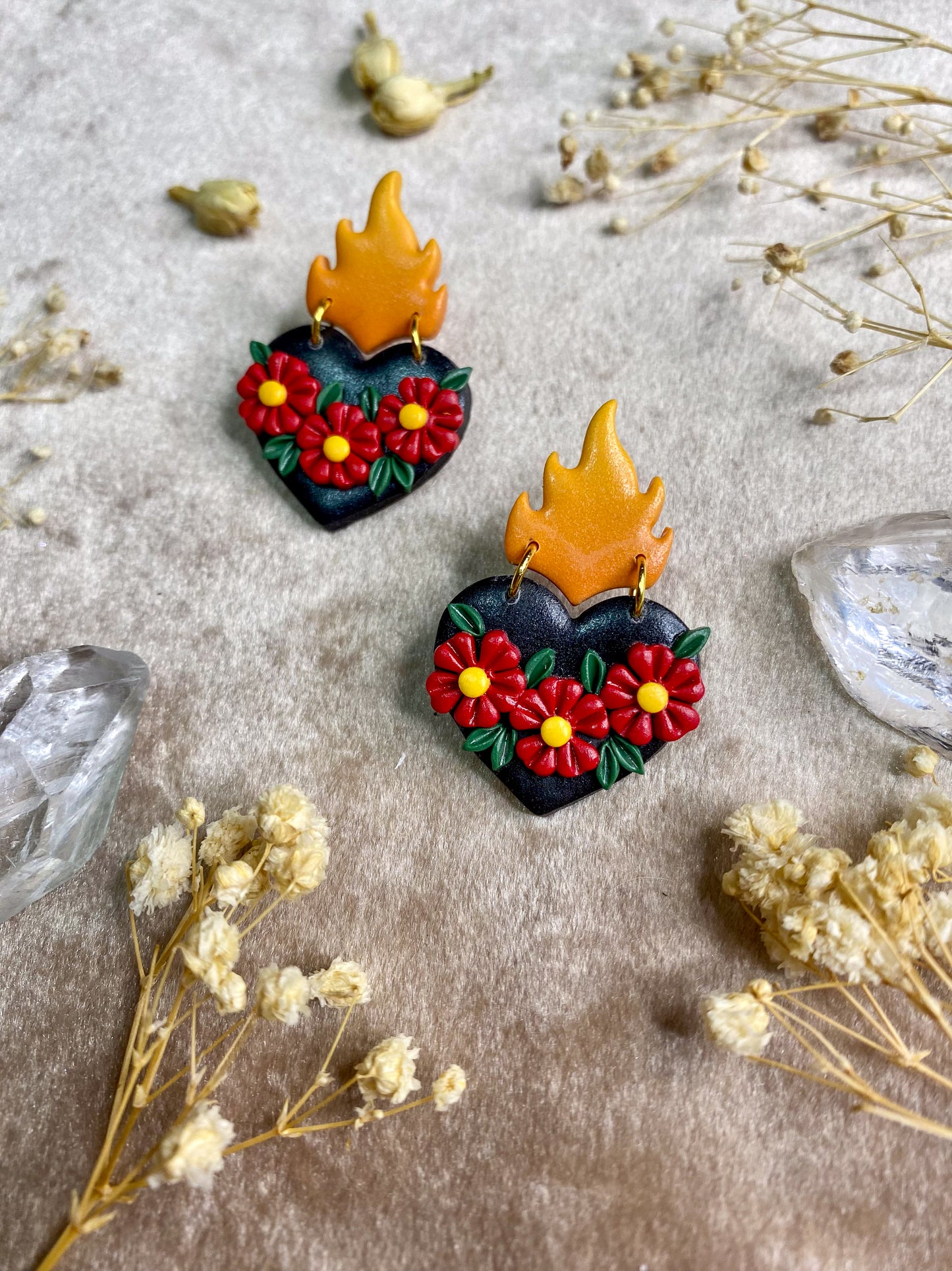 Flaming Red Floral Heart Stud Earrings