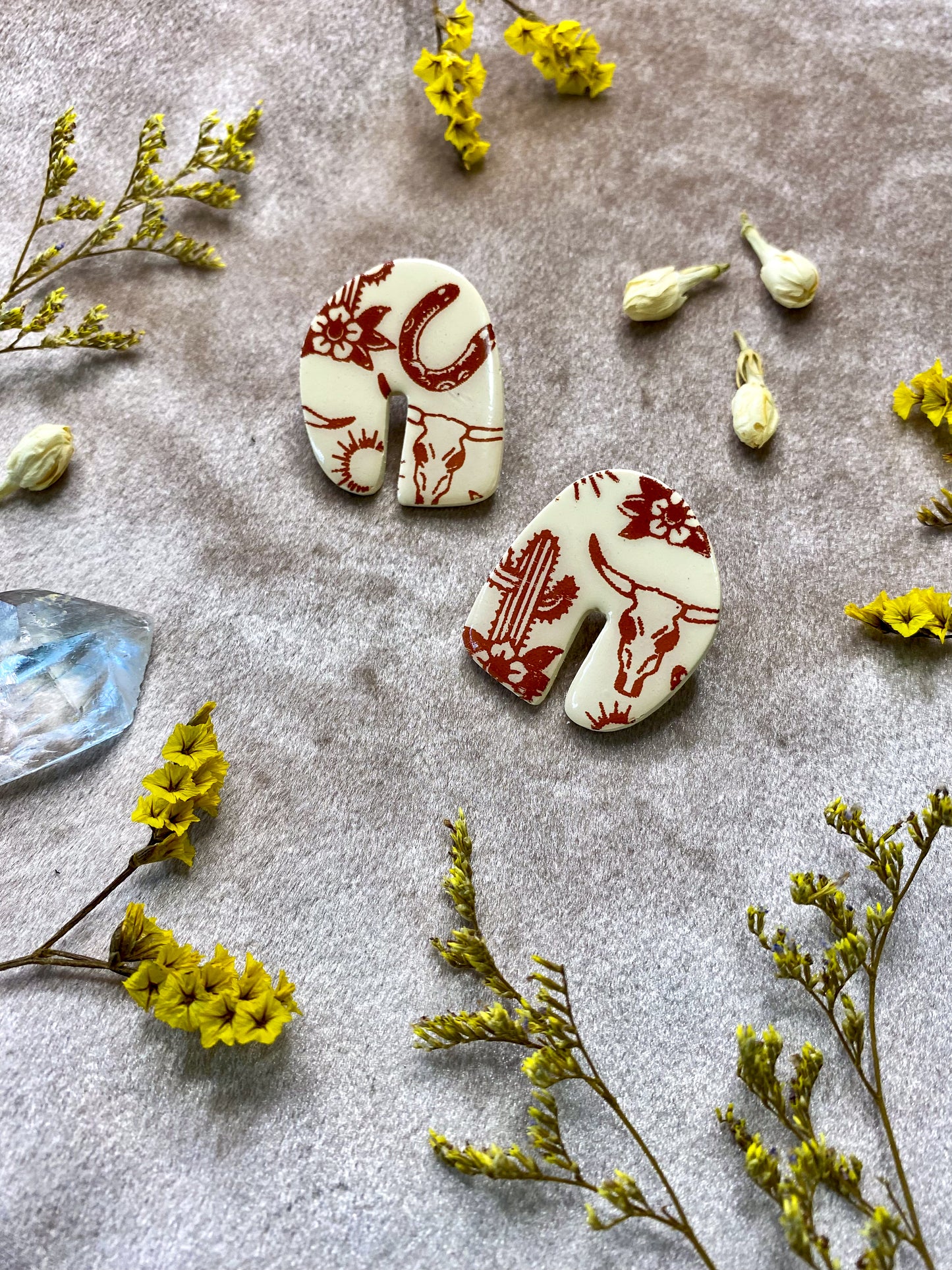 polymer clay and resin tattoo western print stud earrings