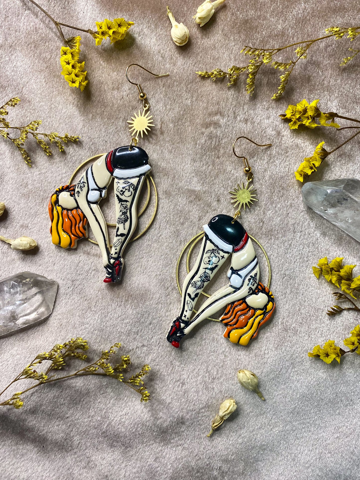 polymer clay and resin tattoo pin up girl earrings