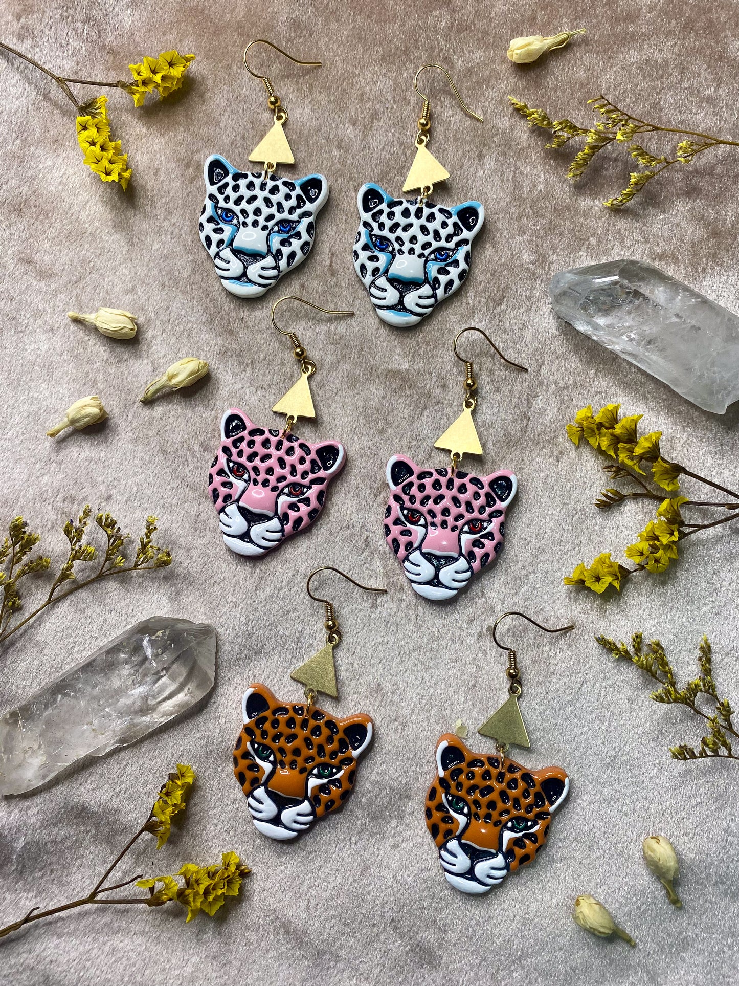 polymer clay and resin jaguar dangle earrings
