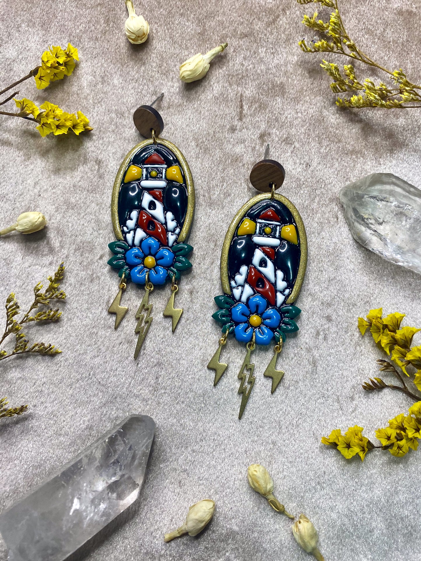 polymer clay and resin lighthouse tattoo dangle earrings