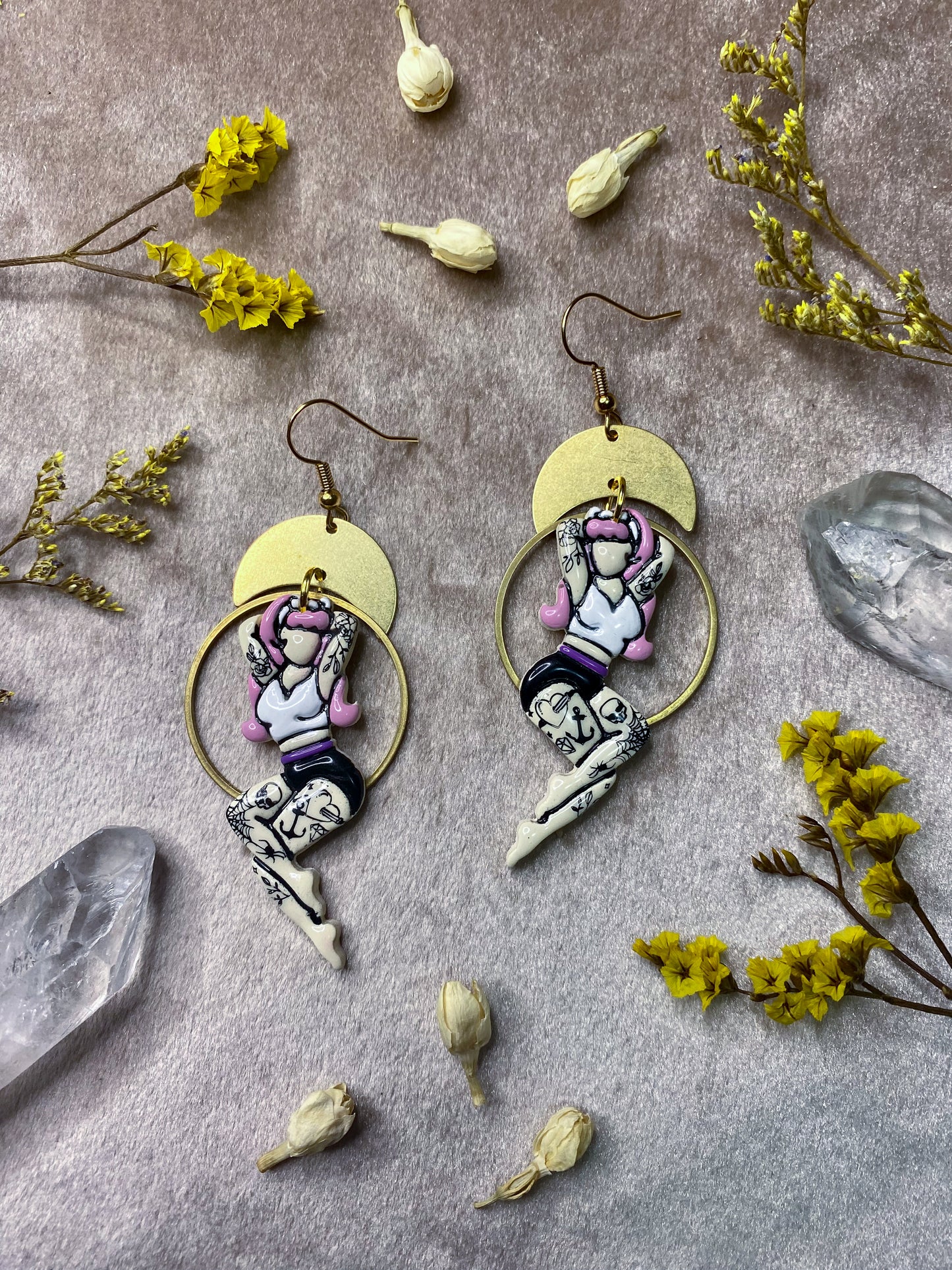 polymer clay and resin tattooed pin up dangle earrings