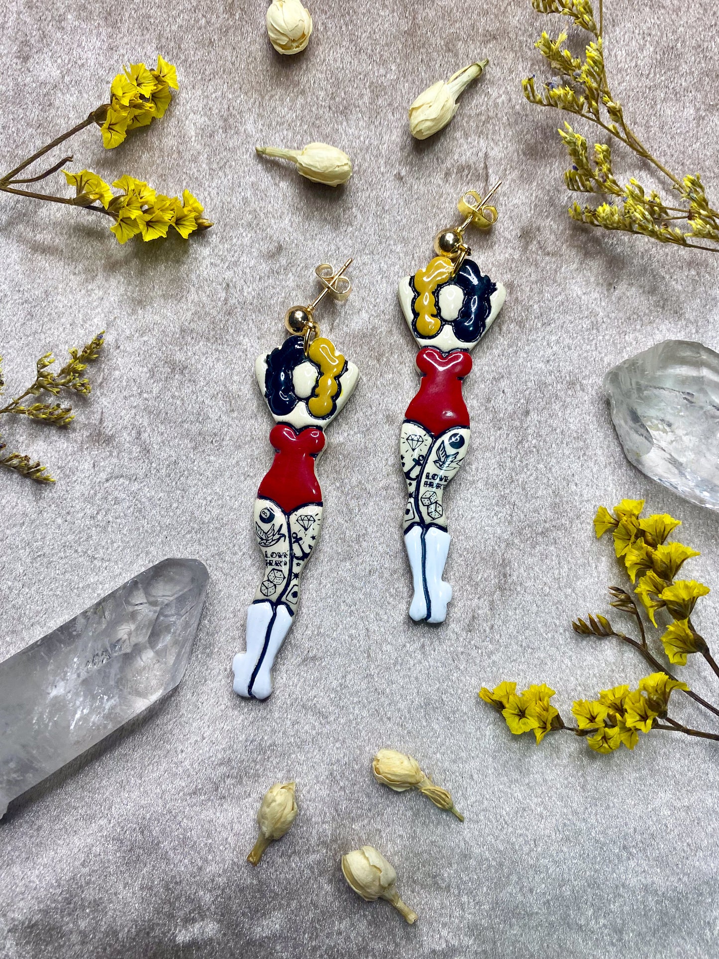 polymer clay and resin tattoo pin up dangle earrings