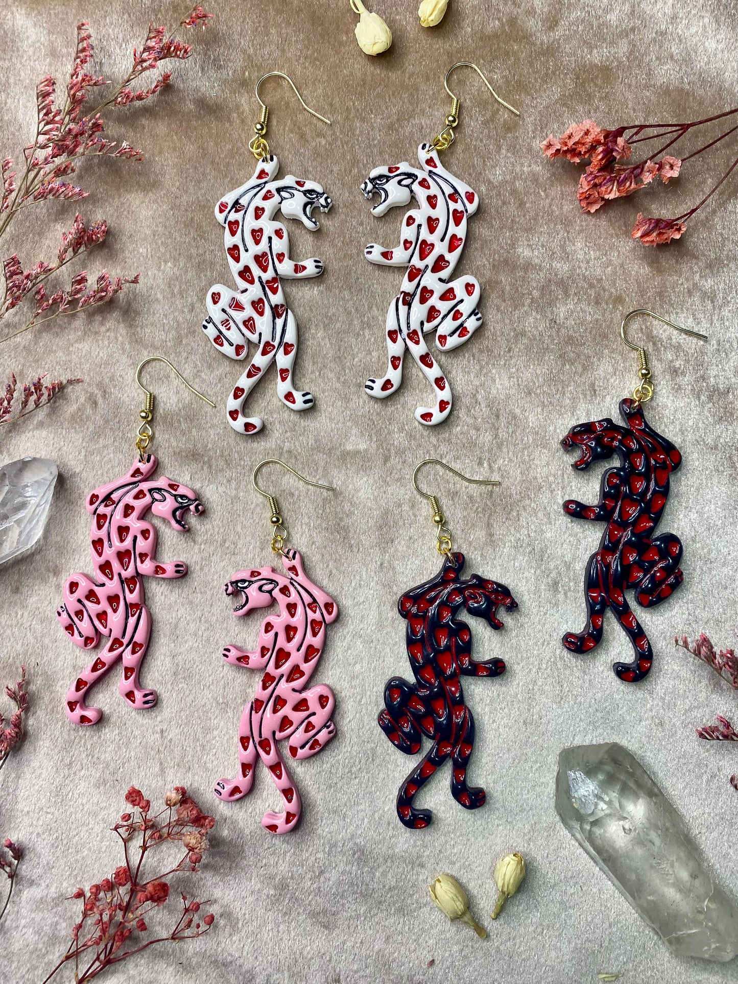polymer clay and resin heart panther dangle earrings