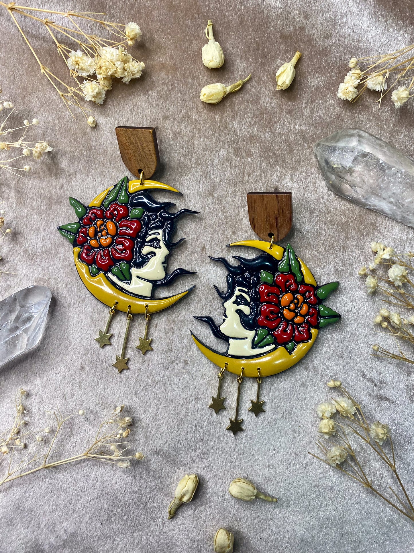 polymer clay and resin moon and girl with flower earrings