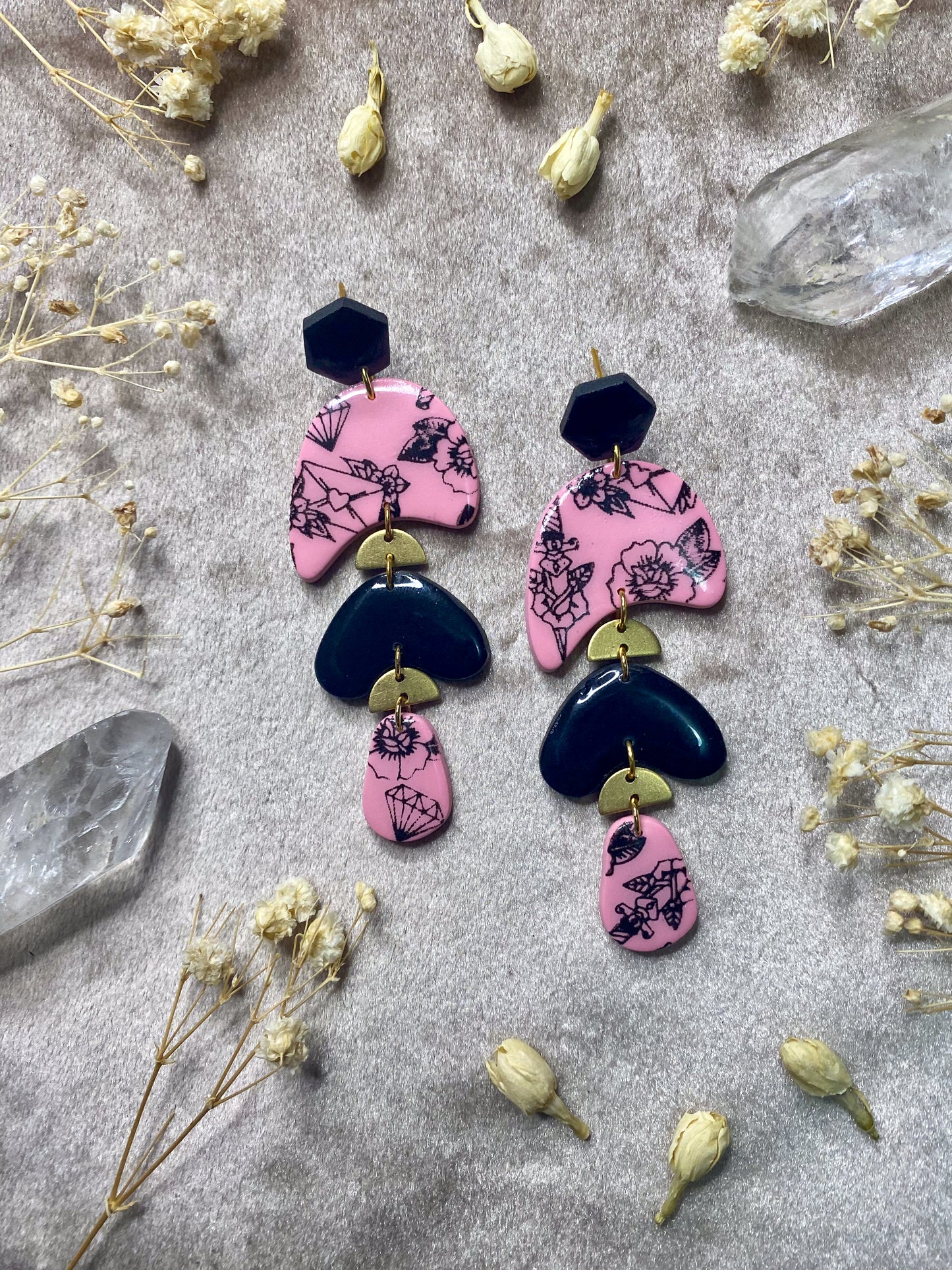 polymer clay and resin tattoo print organic dangle earrings