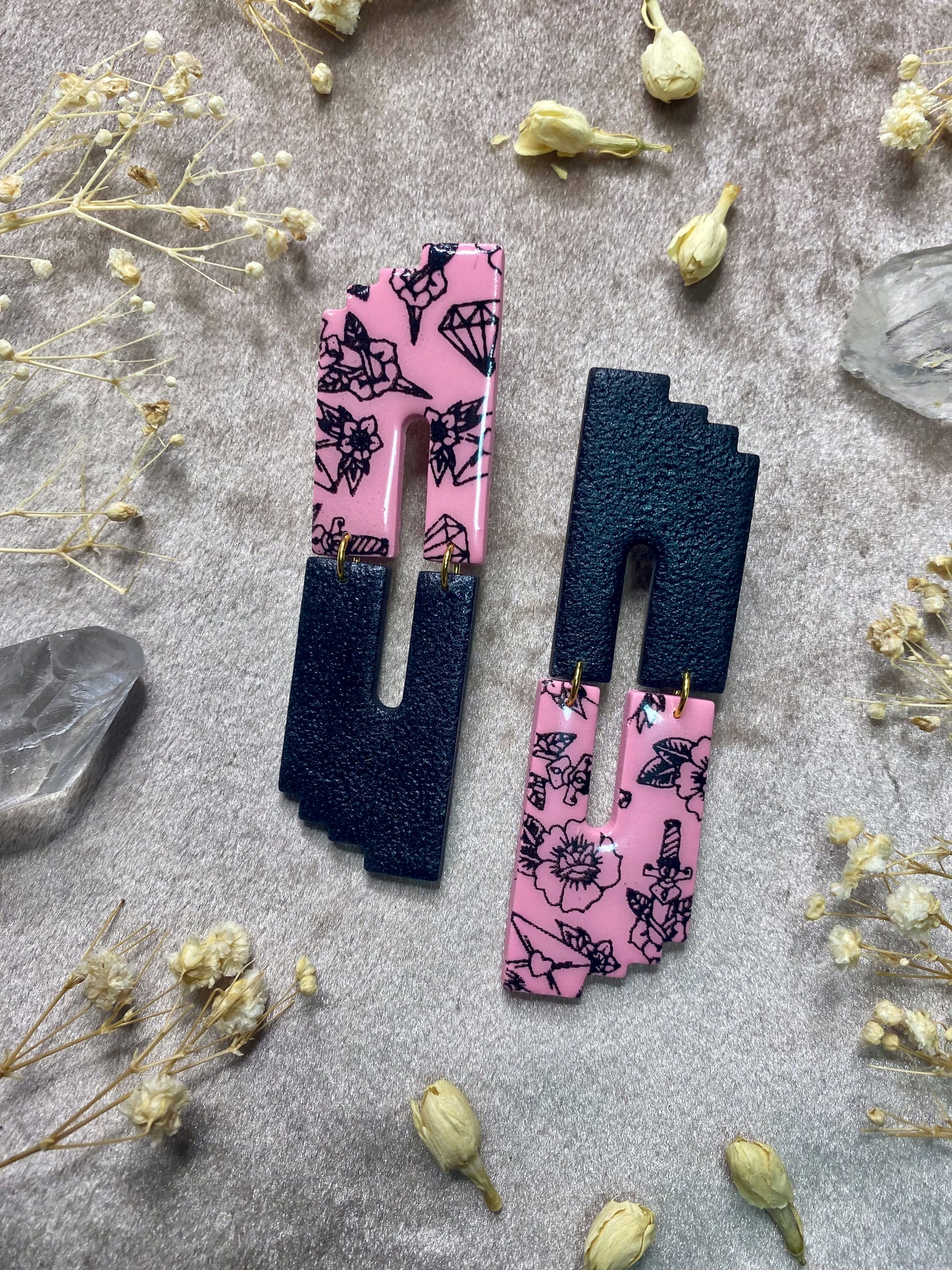 polymer clay and resin tattoo print pink dangle earrings