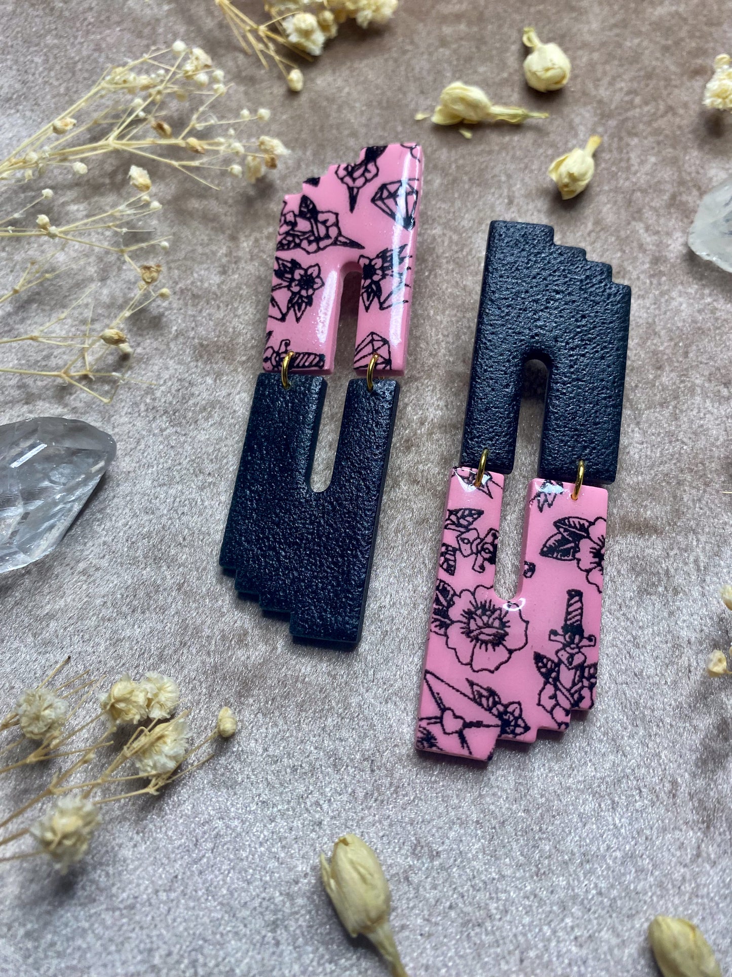 Love Tattoo Print Color Block Stud Earrings