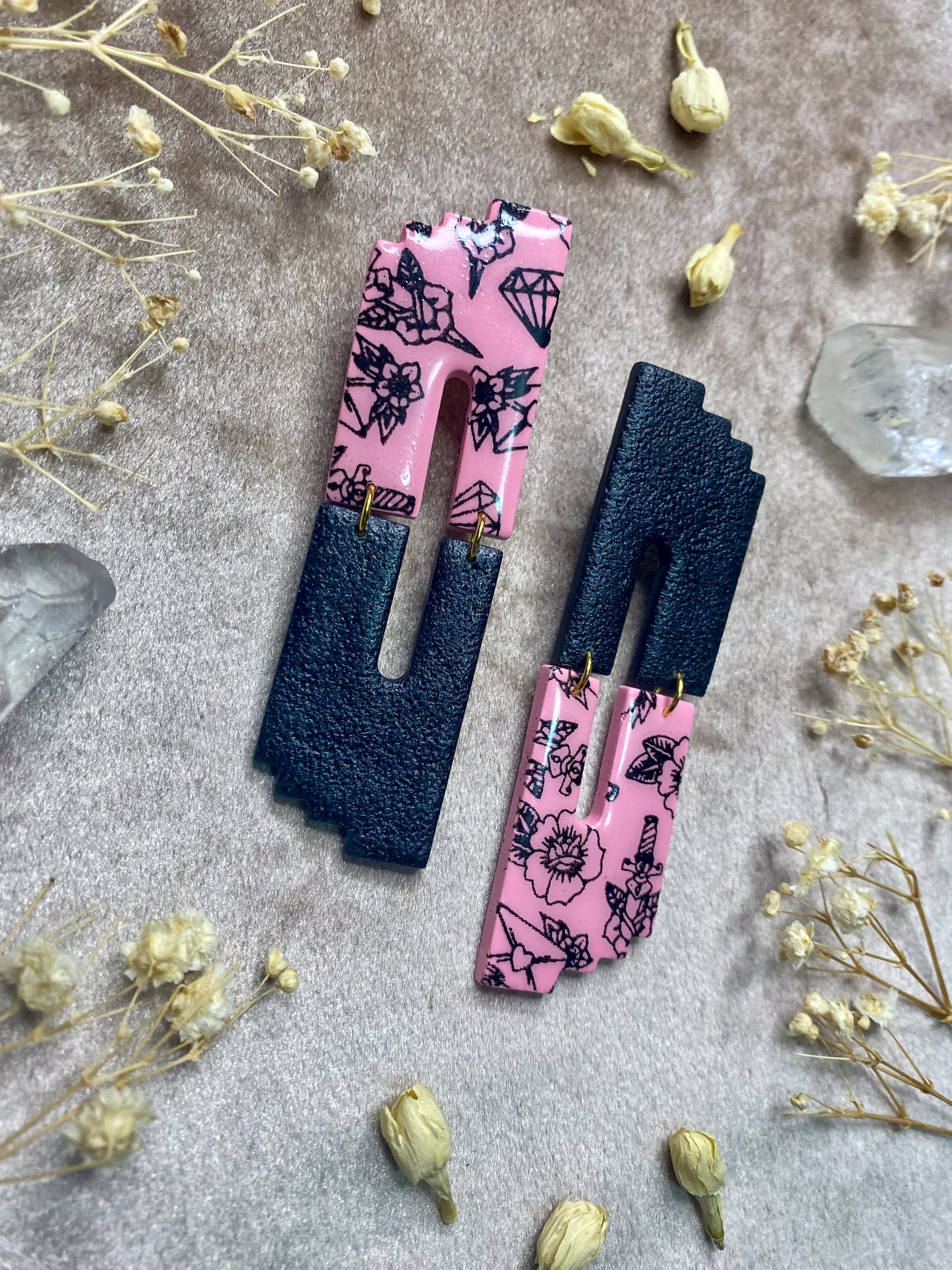 Love Tattoo Print Color Block Stud Earrings