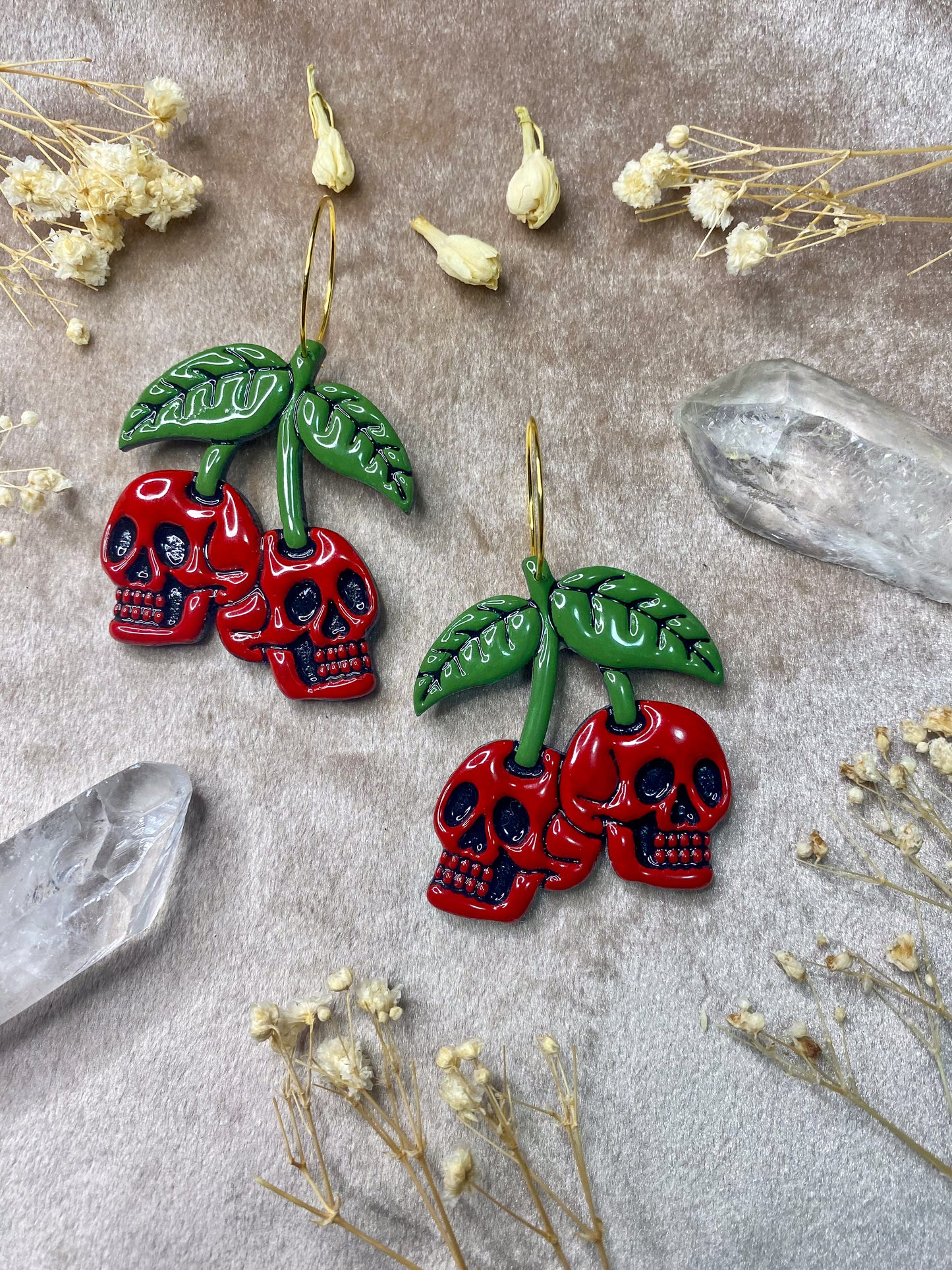 polymer clay and resin cherry skull hoop earrings
