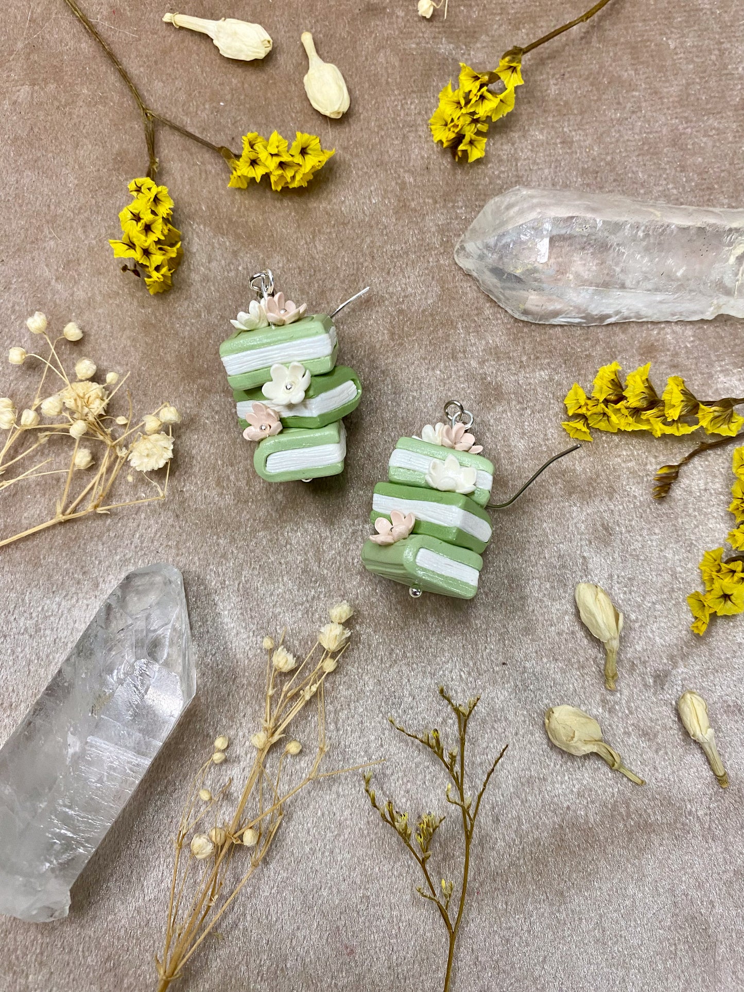 polymer clay green floral bookstack dangle earrings