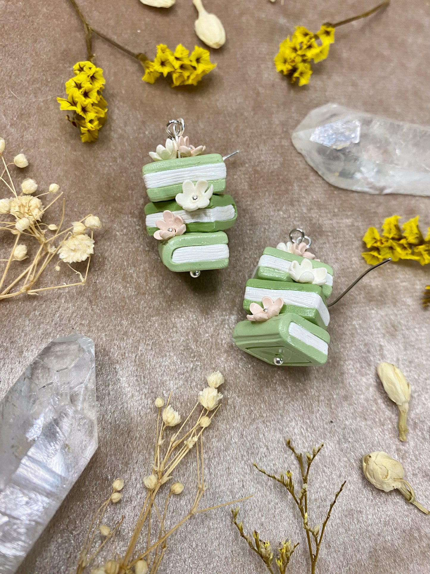 Floral Book Stack Earrings (Green)