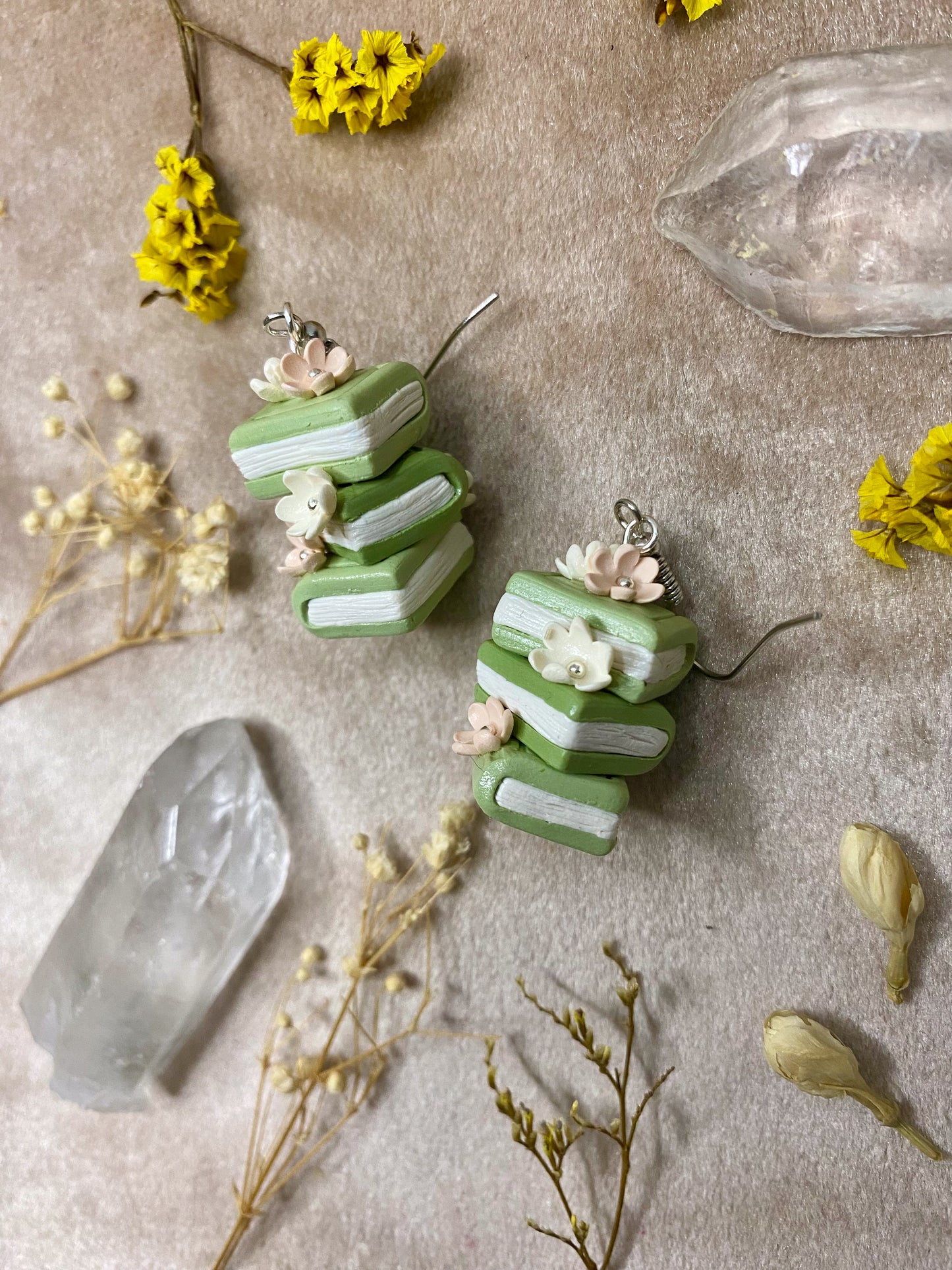 Floral Book Stack Earrings (Green)