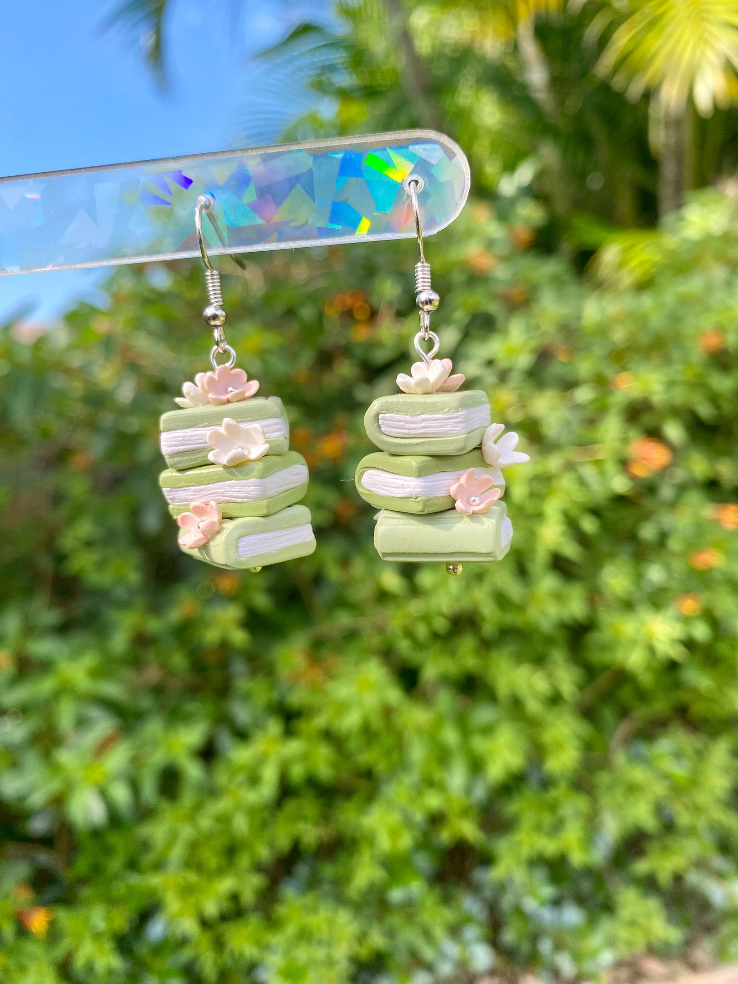 Floral Book Stack Earrings (Green)