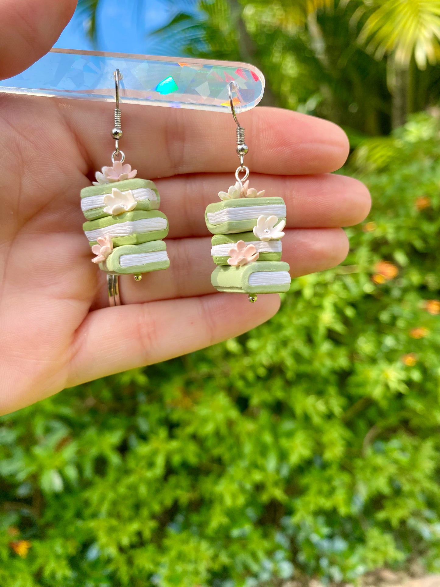 Floral Book Stack Earrings (Green)