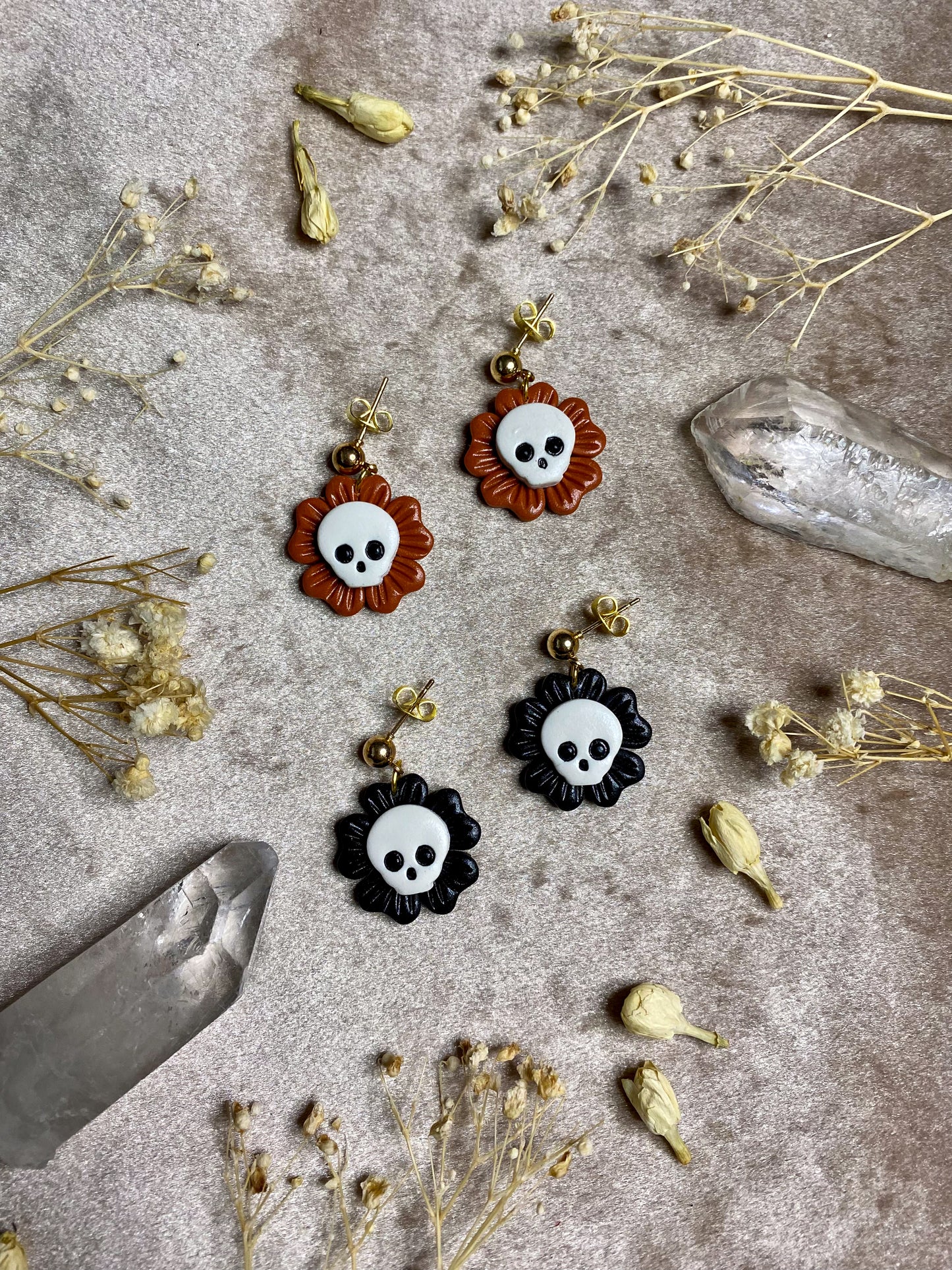 polymer clay skull flower dangle earrings
