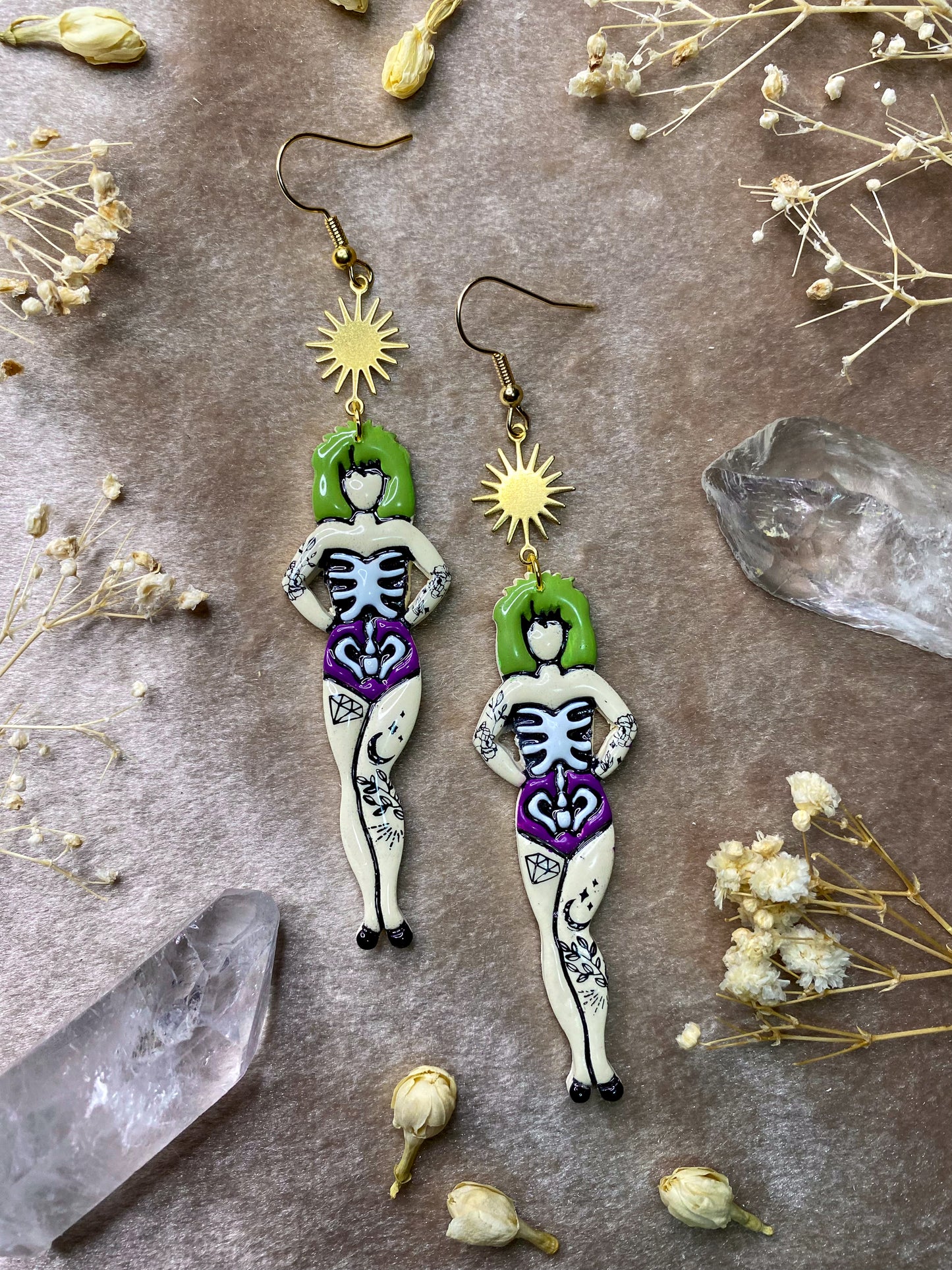 polymer clay and resin tattooed woman halloween earrings