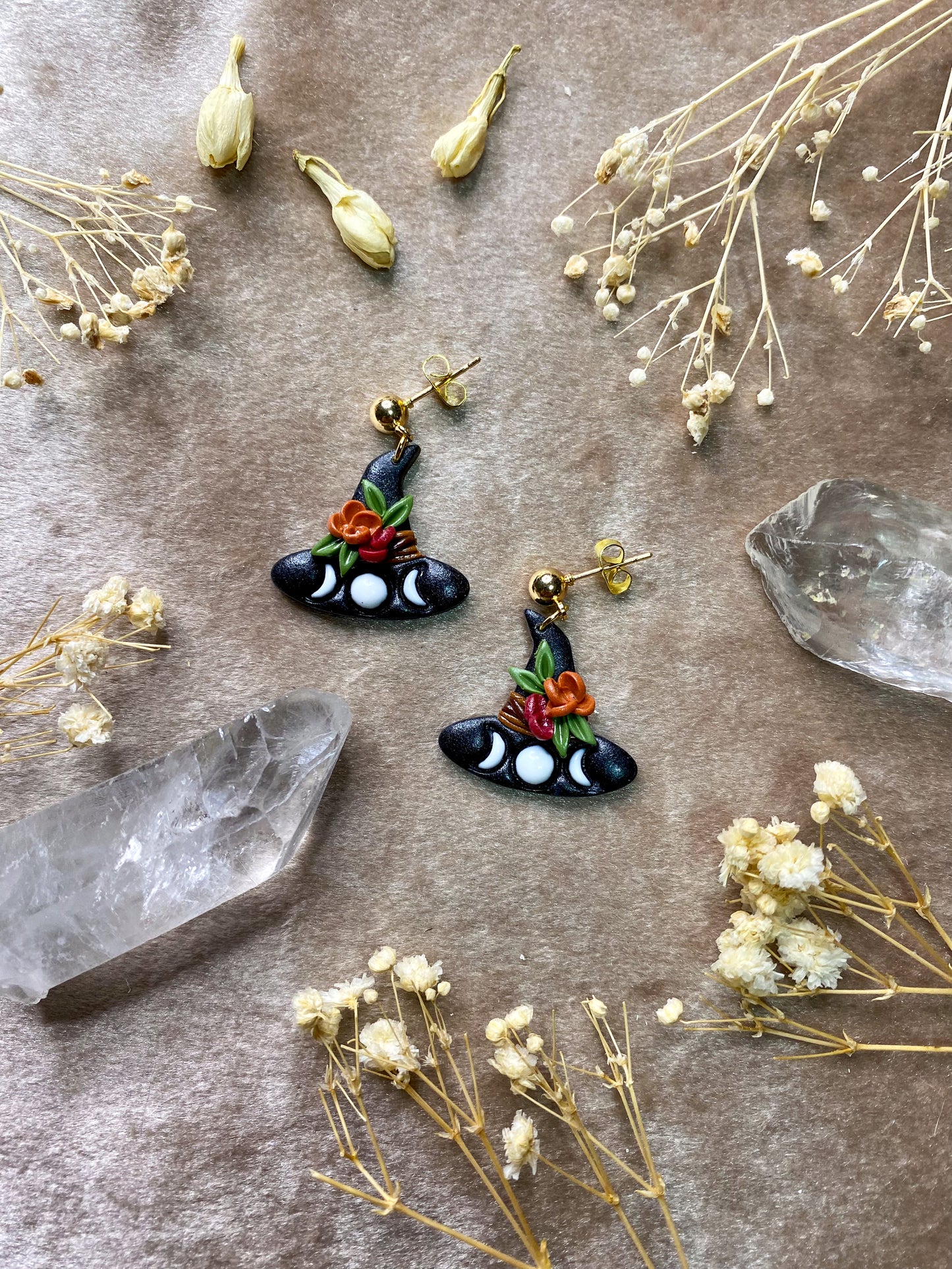 polymer clay floral witch hat earrings