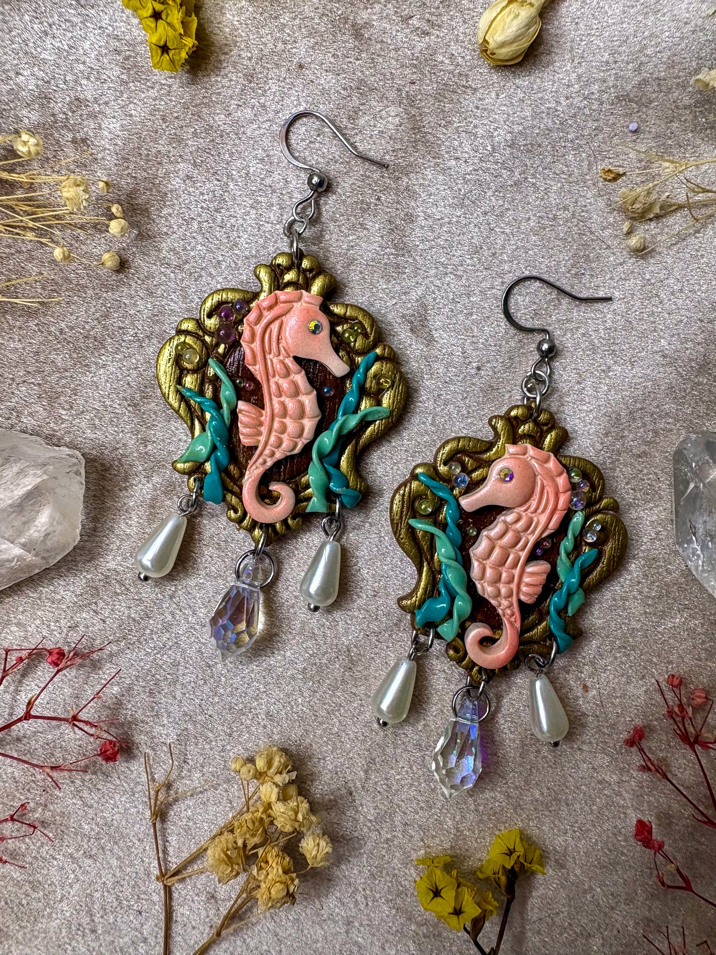 Seahorse in Seaweed Frame Earrings