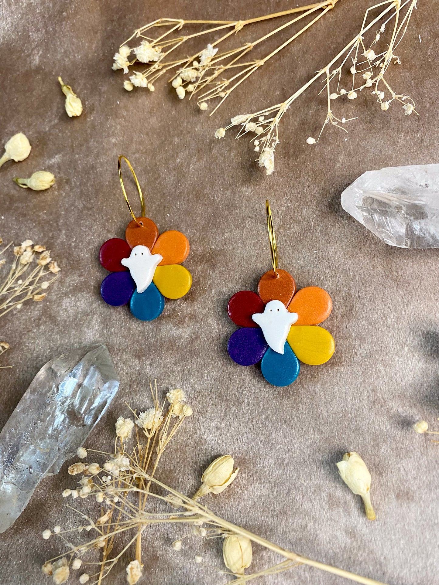 Rainbow Ghost Flower Hoop Earrings