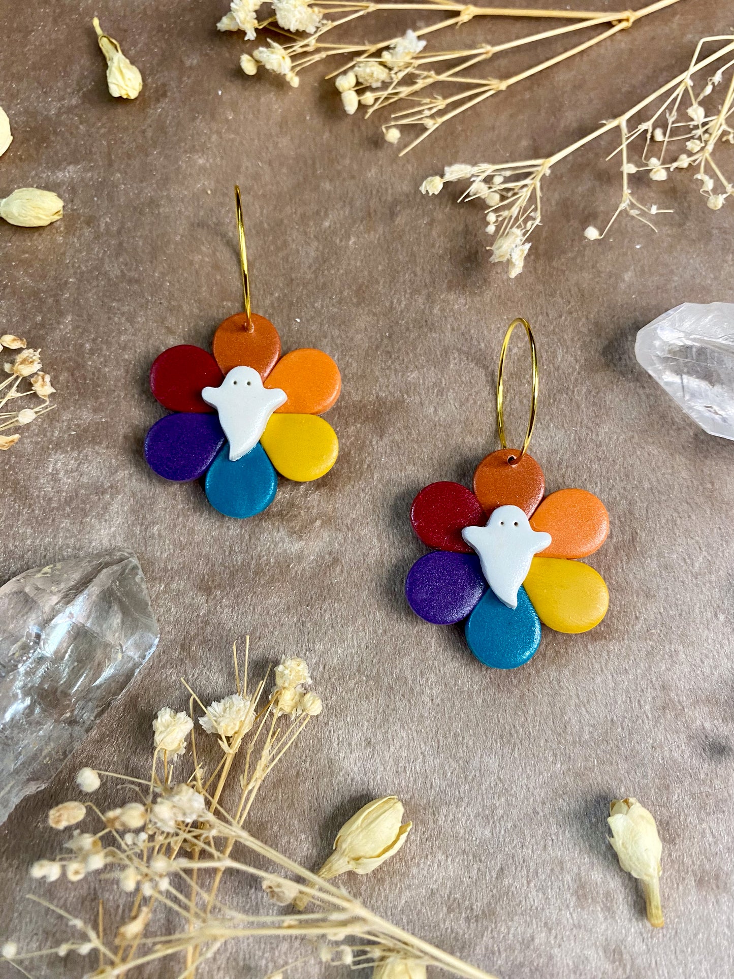Rainbow Ghost Flower Hoop Earrings