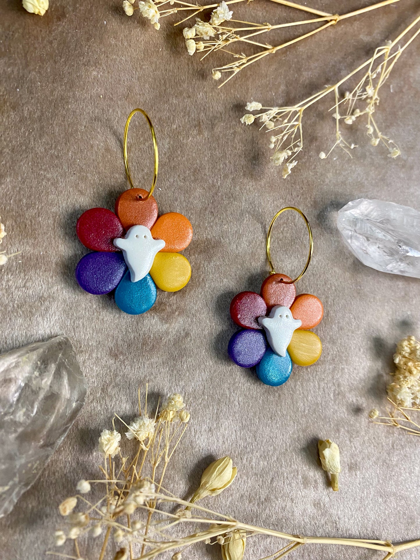 Rainbow Ghost Flower Hoop Earrings