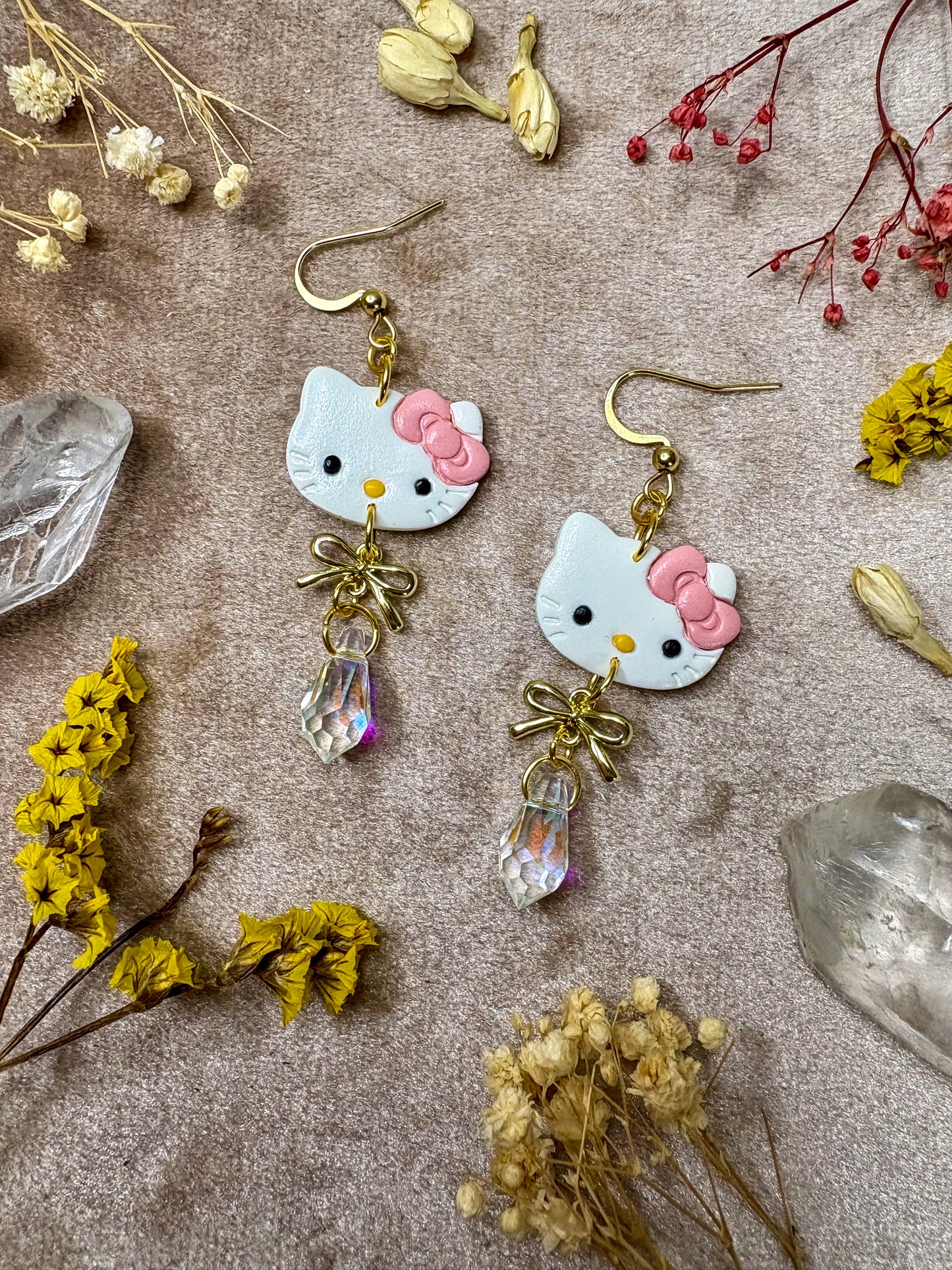 Pink Bow Kitty Earrings