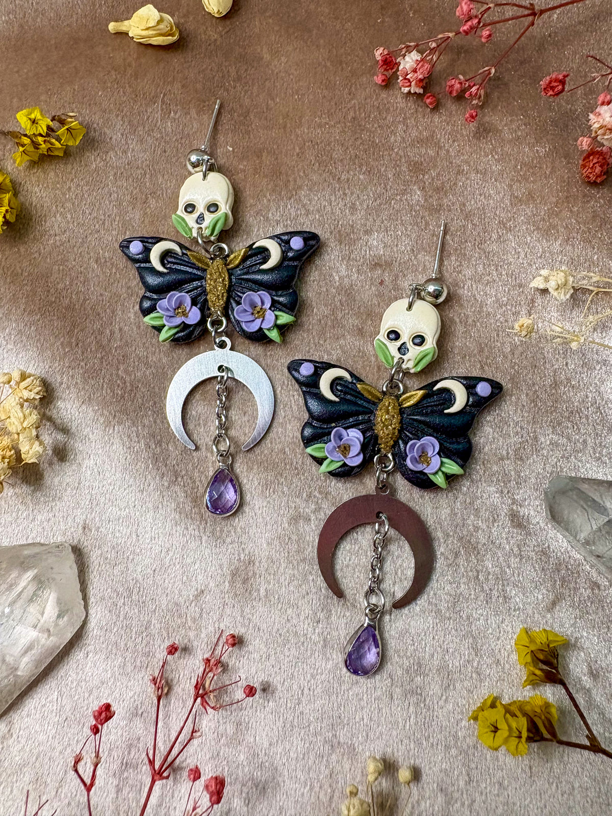 Floral Skull Moth Earrings