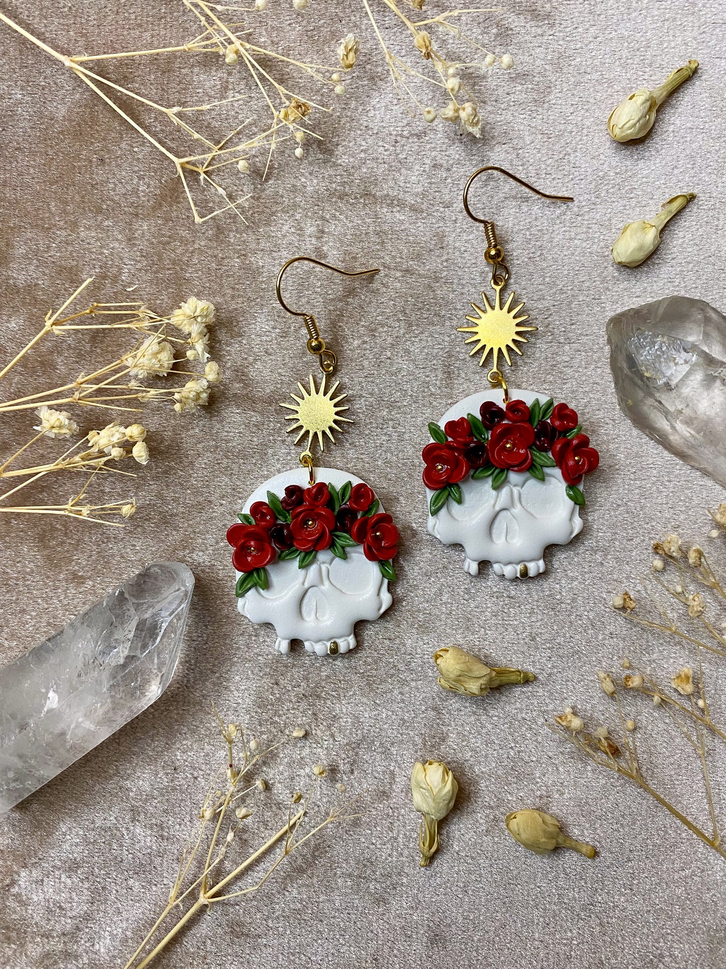 Red Rose Crown Skull Earrings