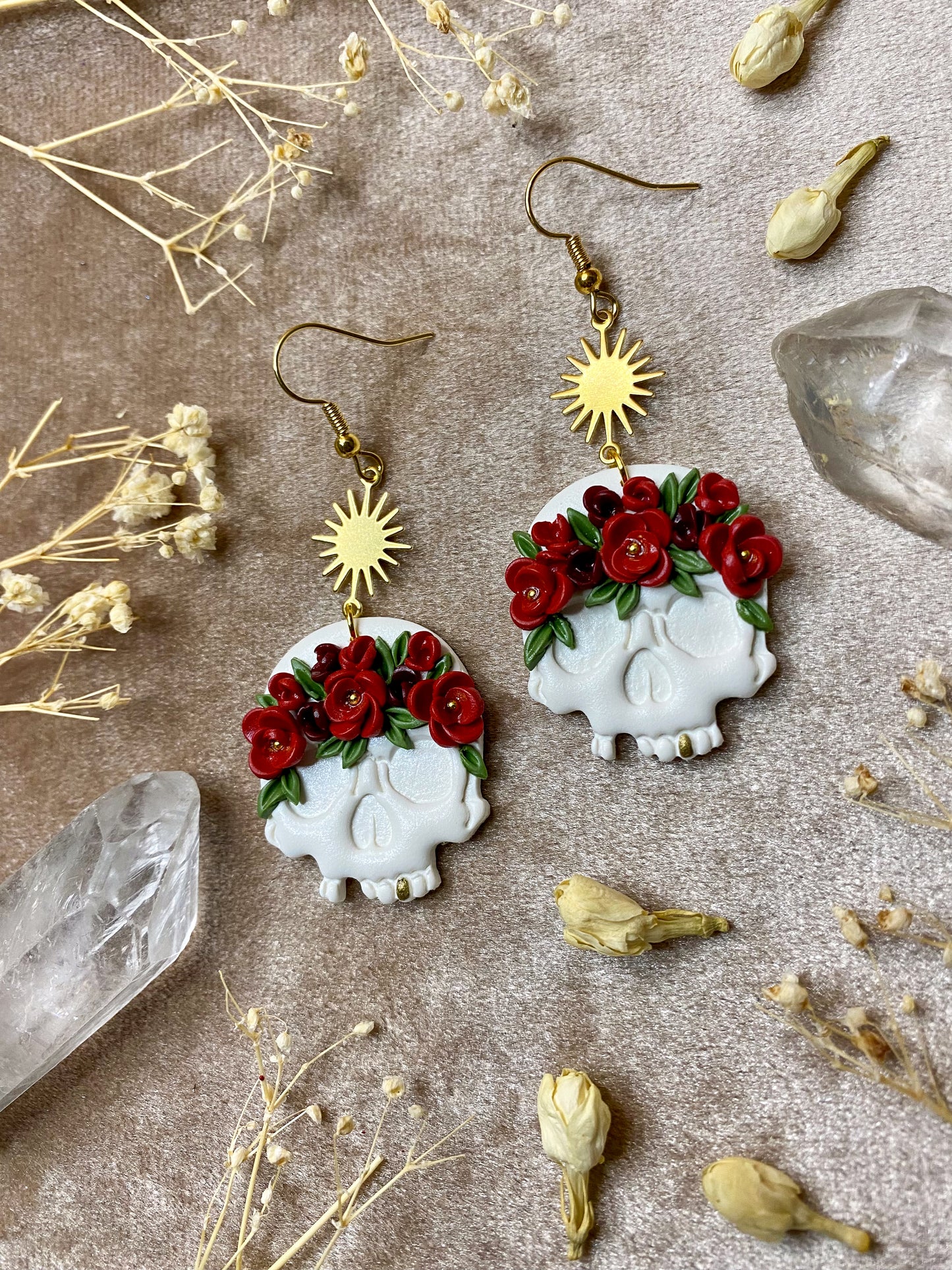 Red Rose Crown Skull Earrings