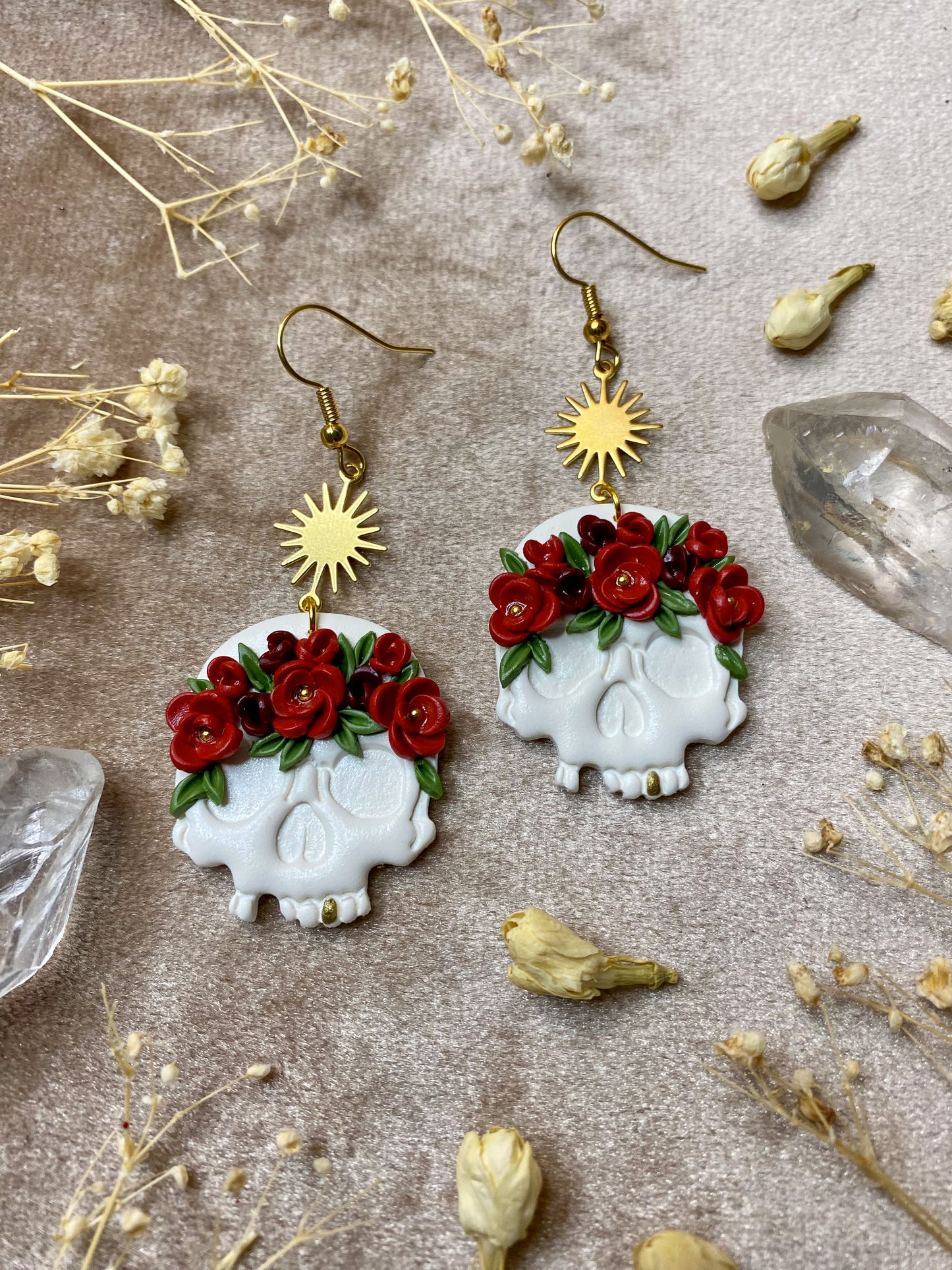 Red Rose Crown Skull Earrings