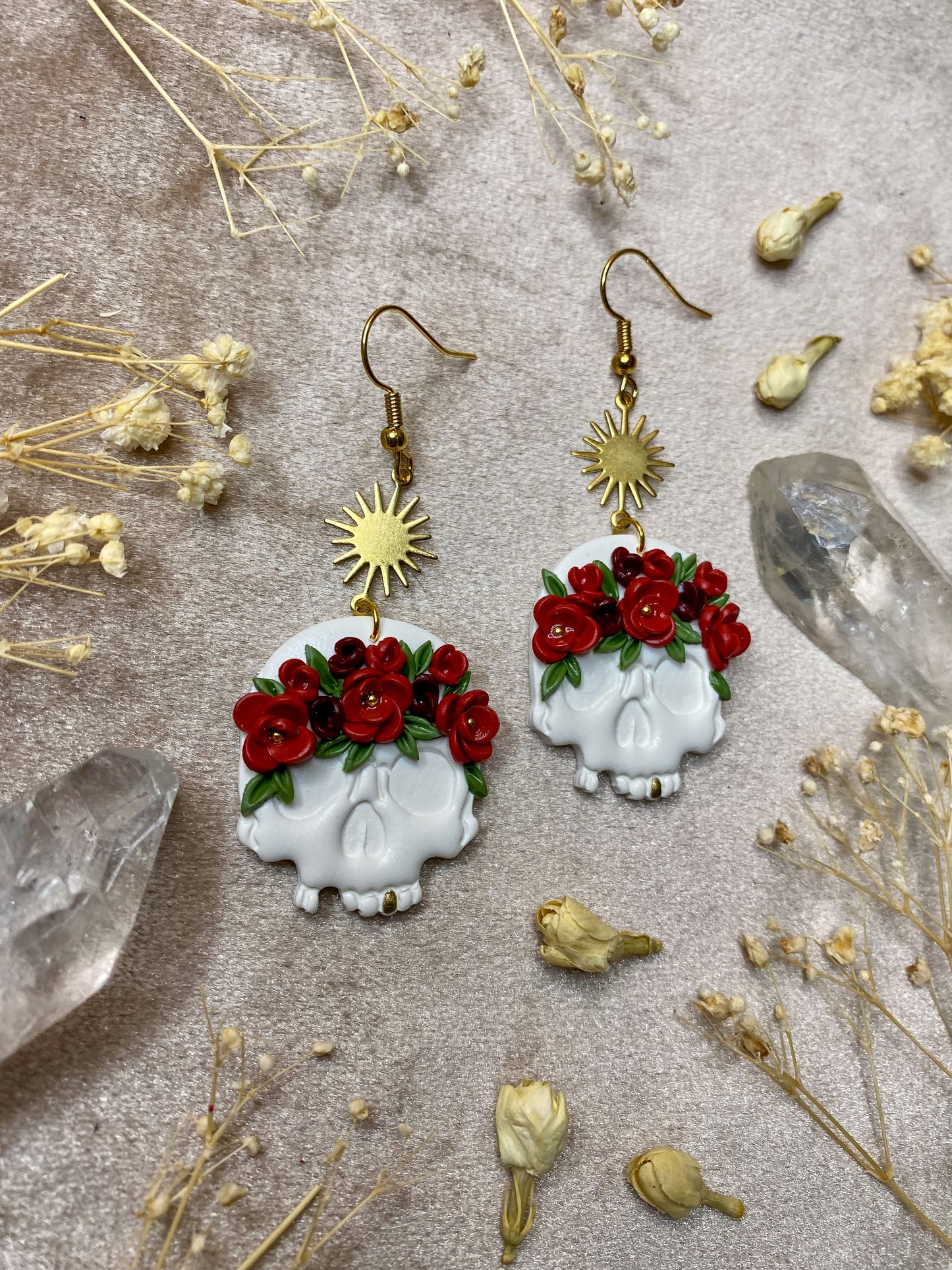 Red Rose Crown Skull Earrings