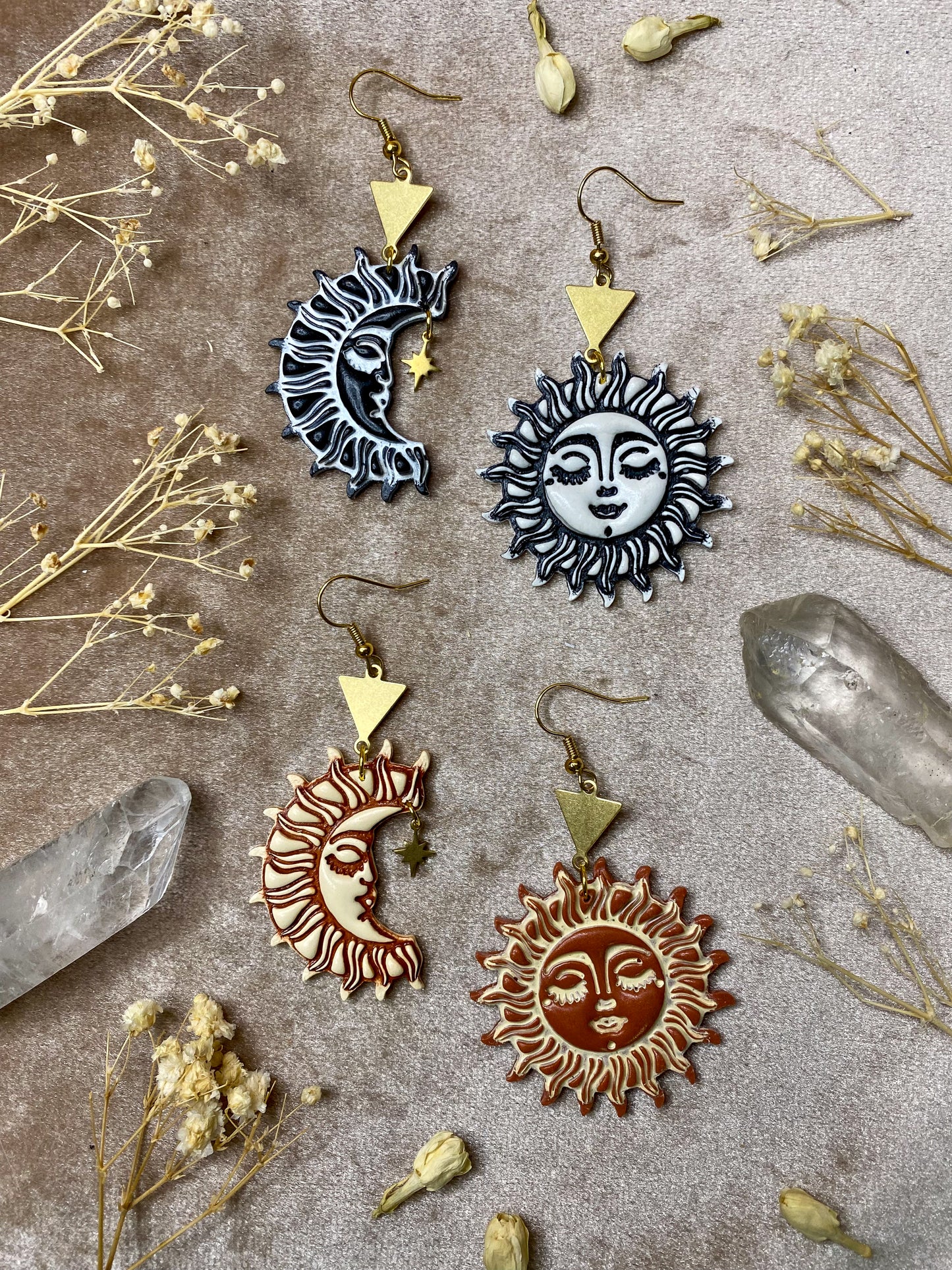 polymer clay sun and moon aztec dangle earrings