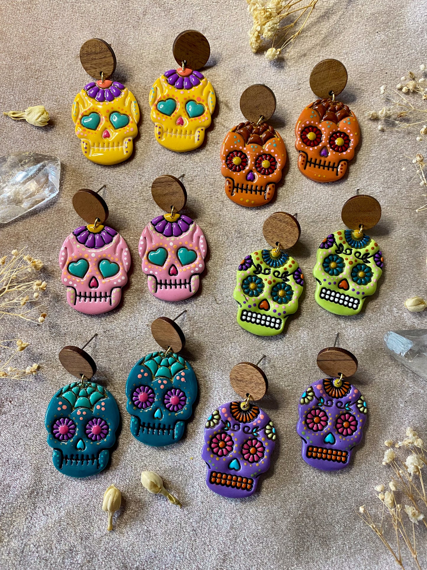polymer clay and resin sugar skull day of the dead earrings