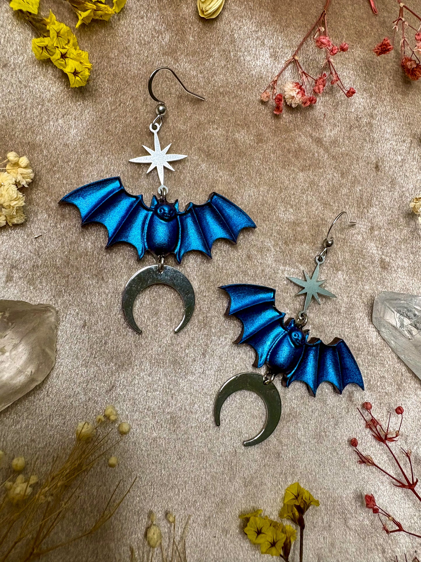 Blue and Silver Bat Earrings