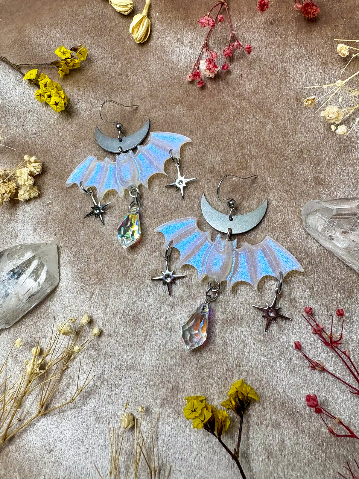 Silver Iridescent Bat Earrings