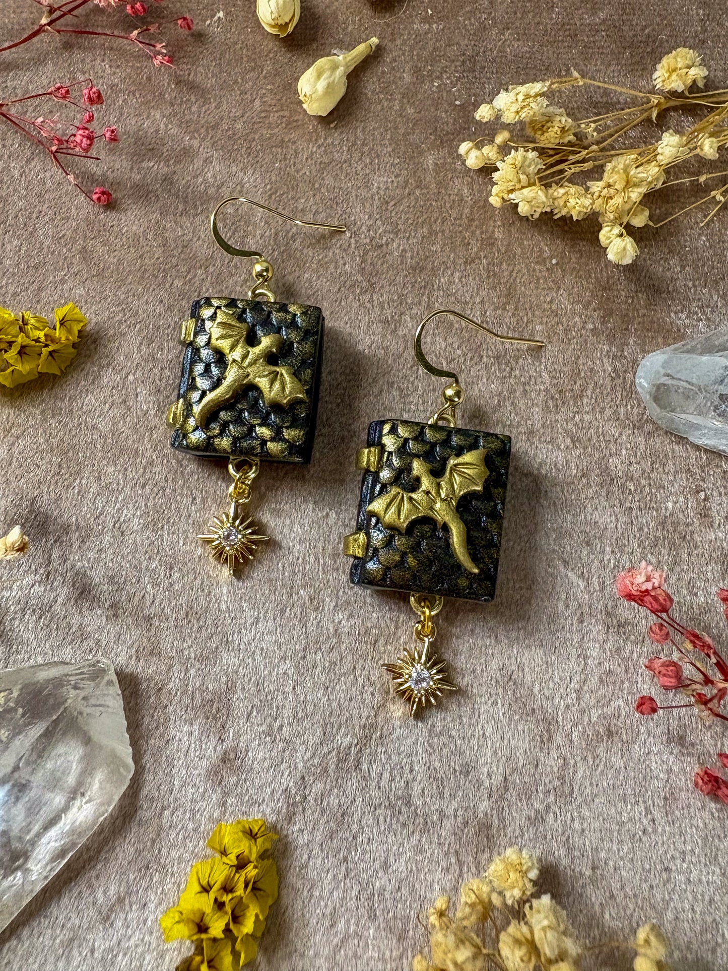 Black and Gold Dragon Book Earrings