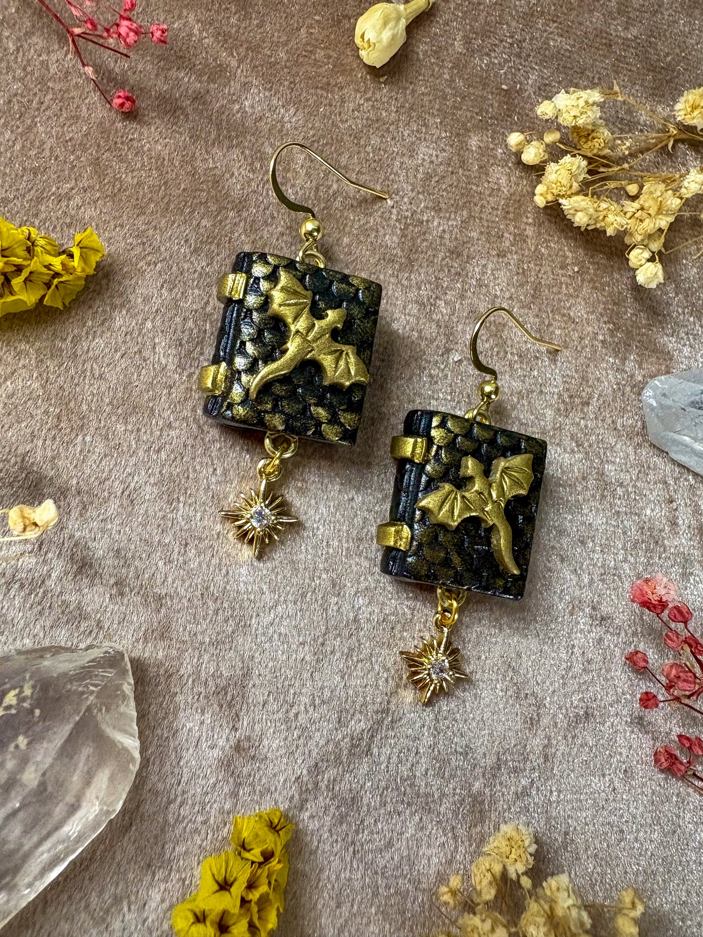 Black and Gold Dragon Book Earrings