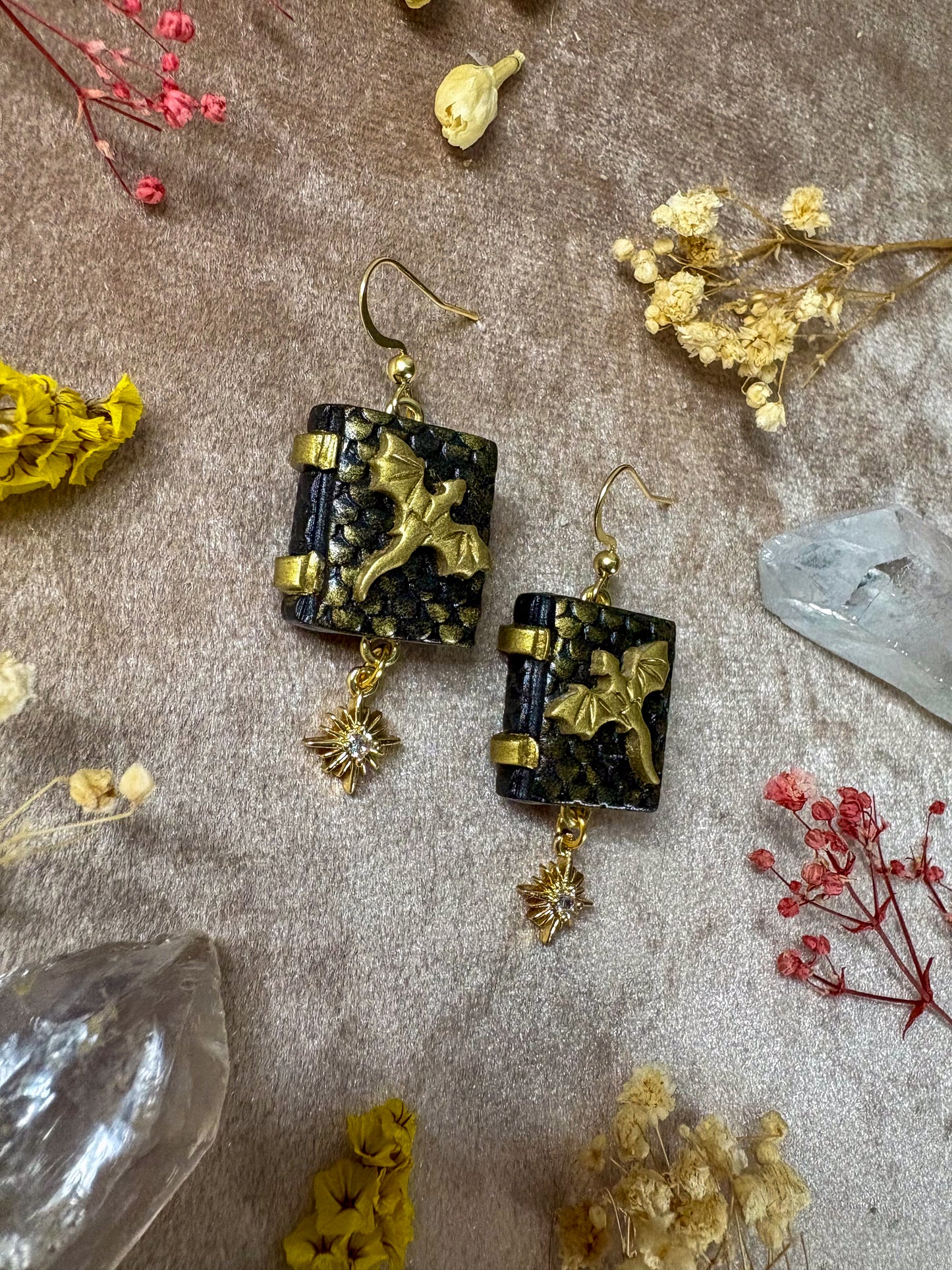 Black and Gold Dragon Book Earrings