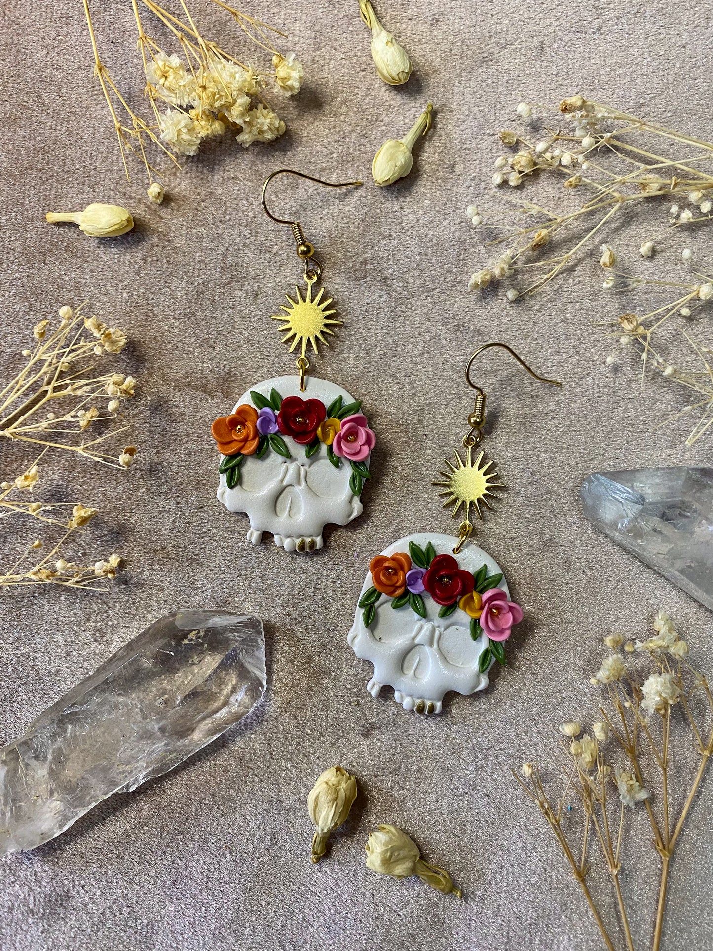 polymer clay and resin sugar skull day of the dead earrings