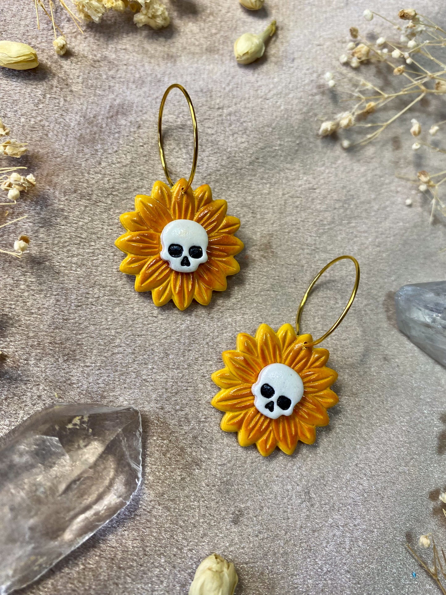 Sunflower Skull Hoop Earrings