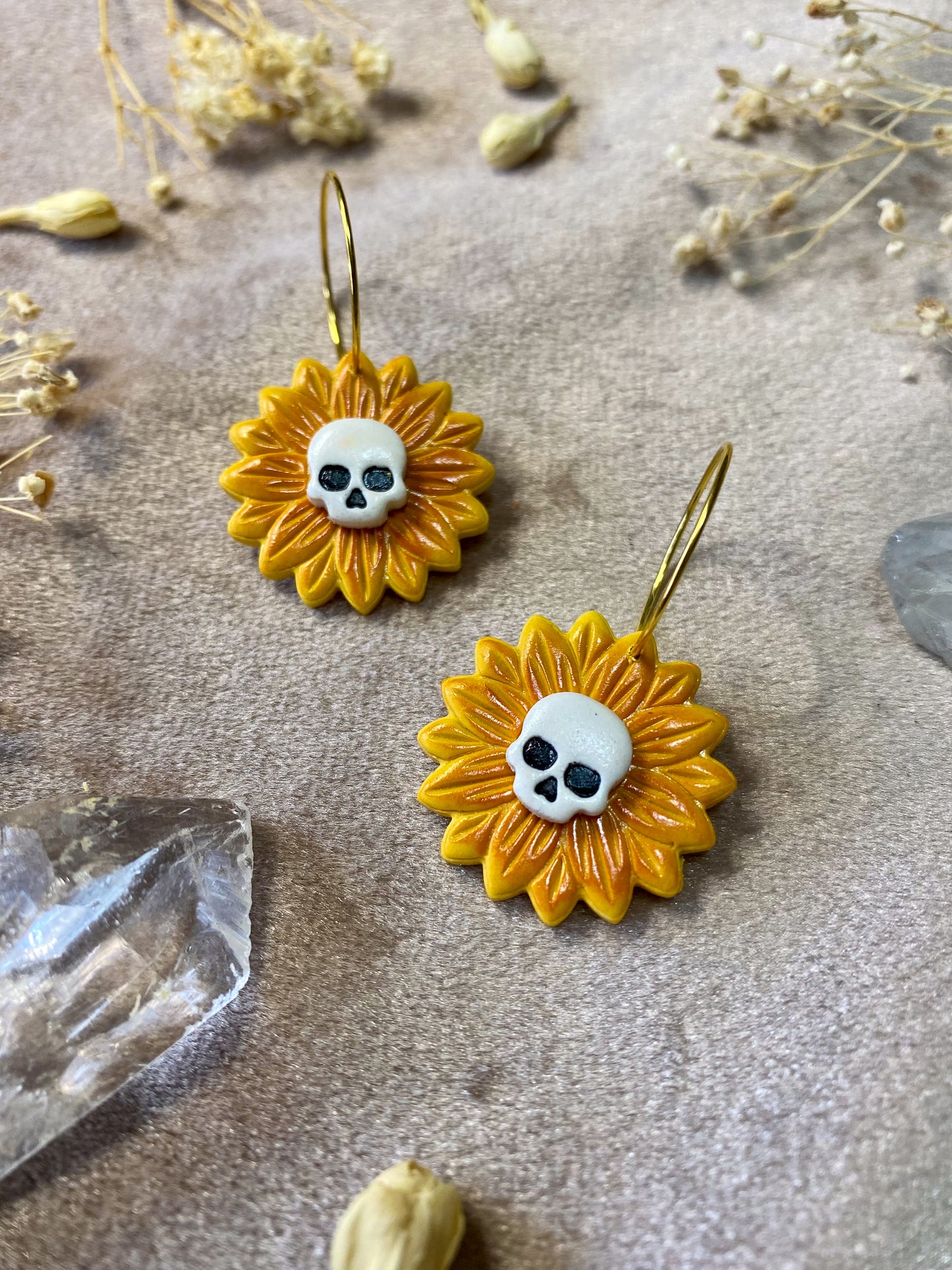 Sunflower Skull Hoop Earrings